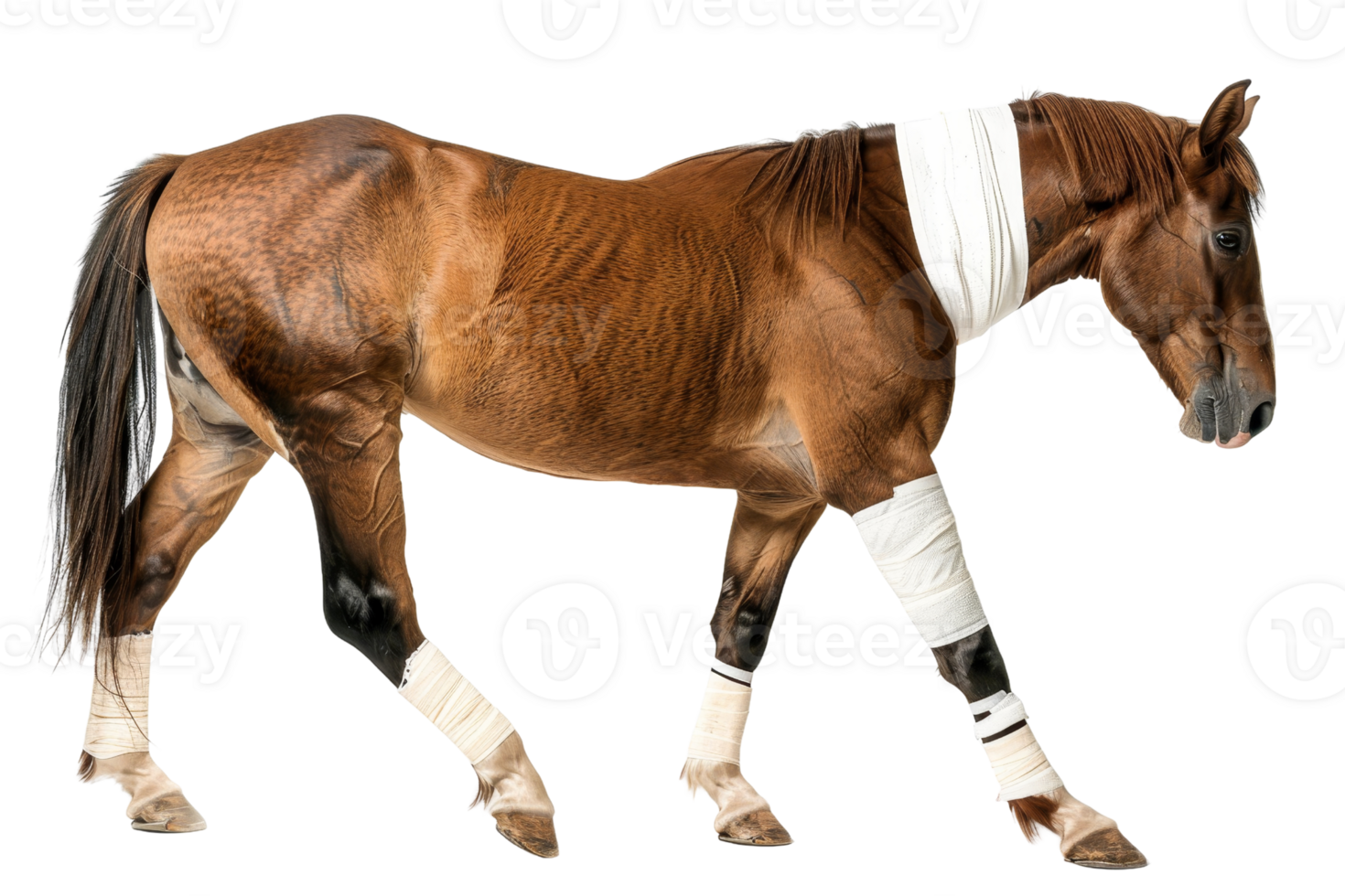 Injured horse wrapped in bandages on neck and legs, isolated on transparent background. showing signs of recovery and care. png