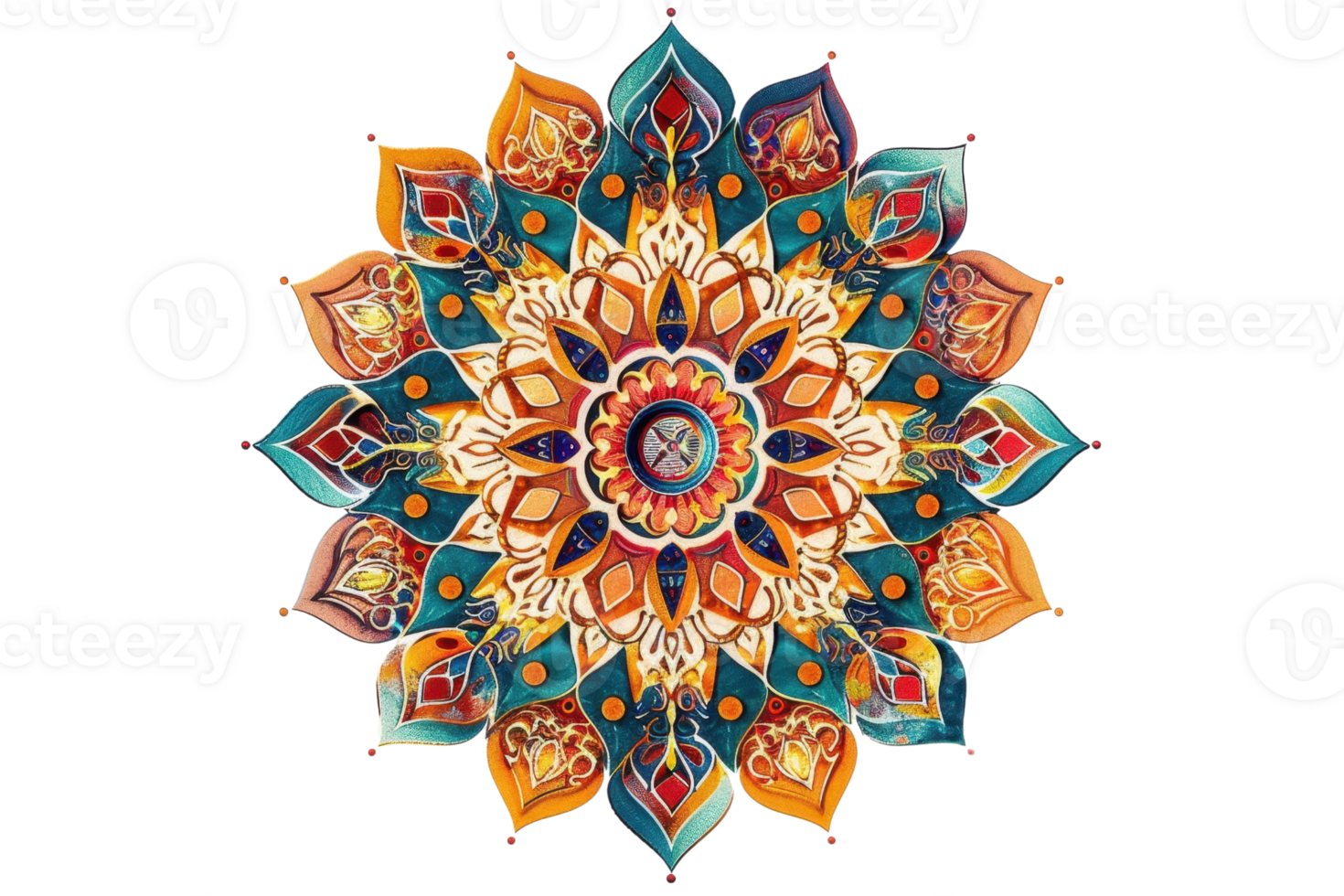 Intricate mandala design with vibrant colors, showcasing detailed symmetry and artistic elements, perfect for decoration and mindfulness. png