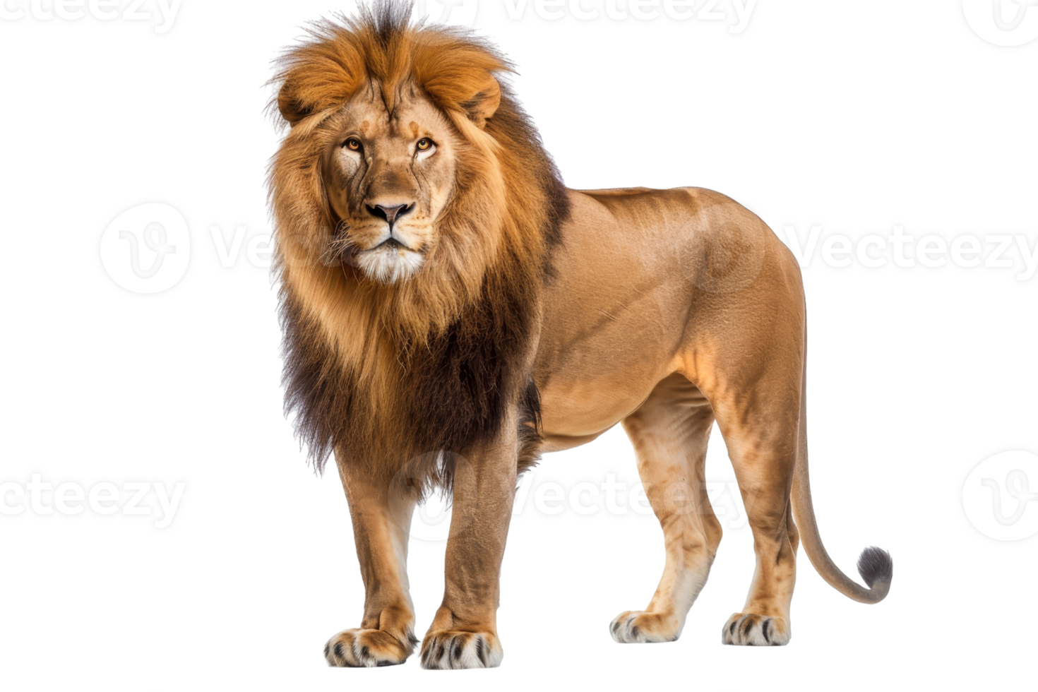 Magnificent lion with a flowing mane standing proudly, exuding strength and majesty in a natural wildlife setting. png
