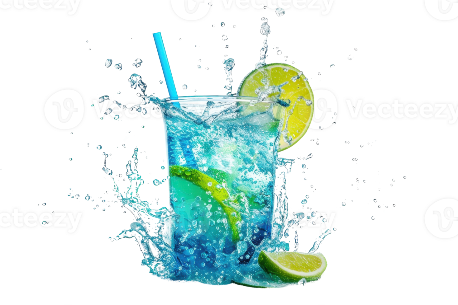 Refreshing blue cocktail with lime slices splashing, perfect for summer and party themes with vibrant, energetic vibes. png