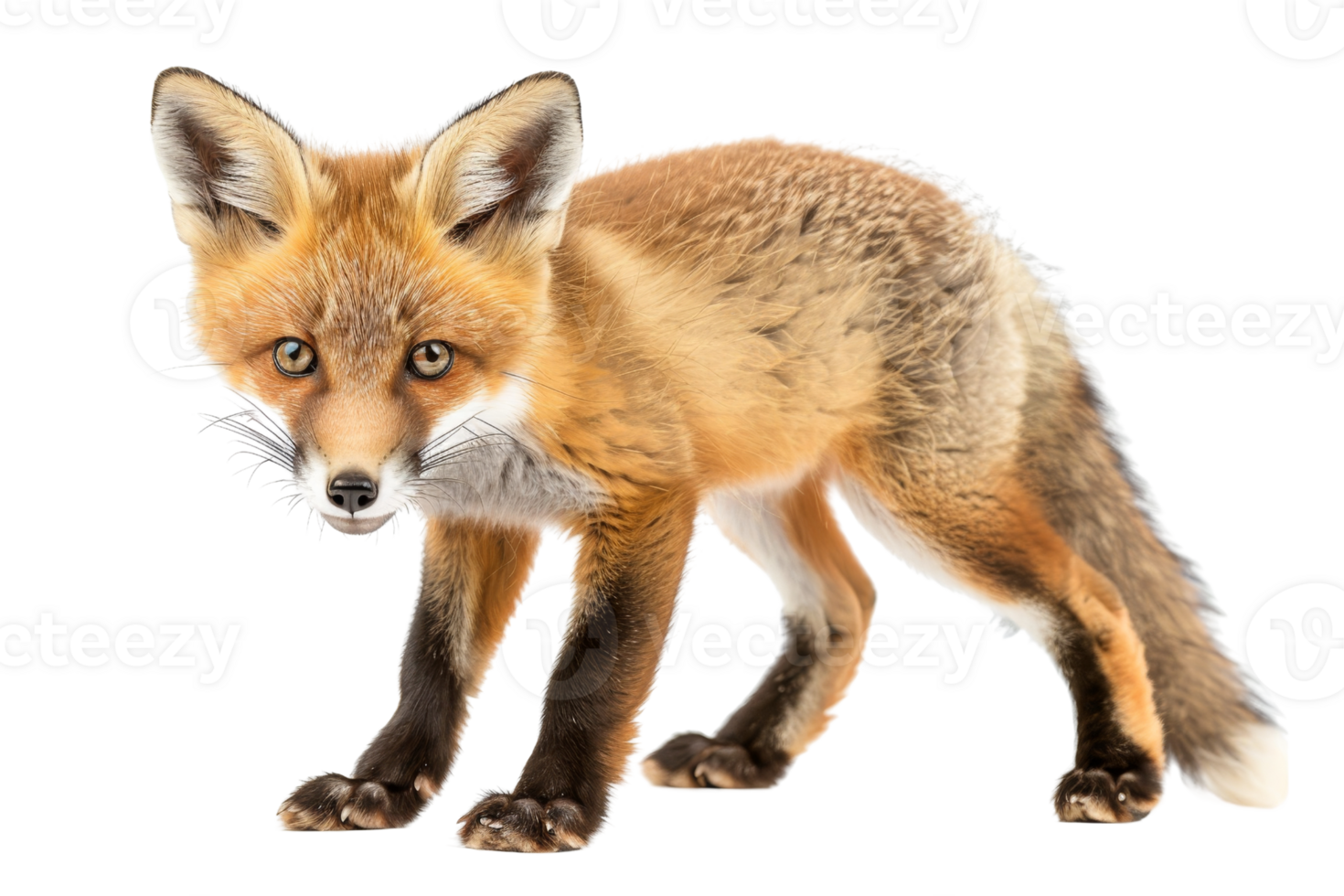 Red fox with fluffy tail and alert expression standing against a transparent background. showcasing its beautiful fur and keen eyes. png