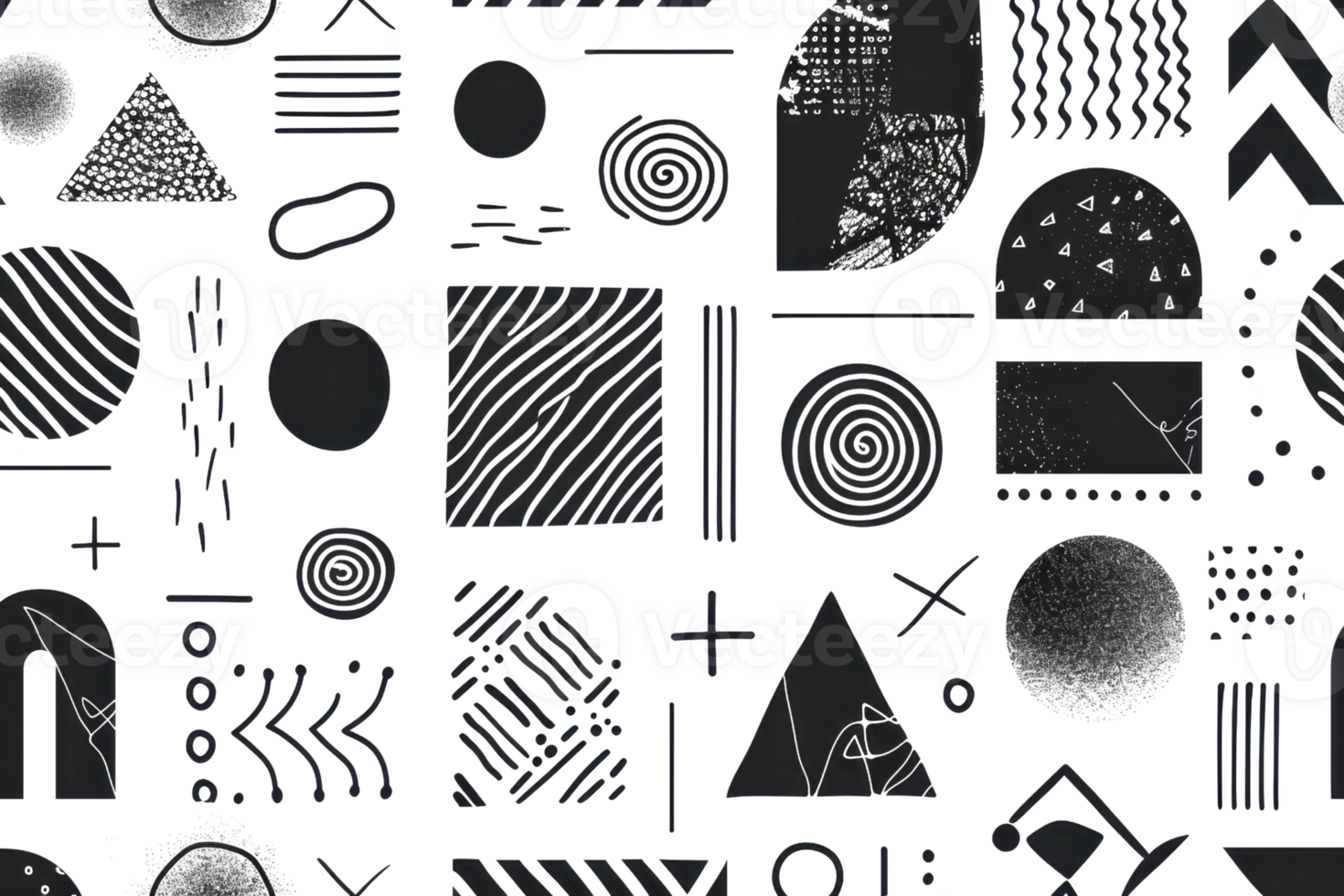 Seamless pattern of various geometric shapes in black and white. Ideal for backgrounds, textiles, and modern design projects. png
