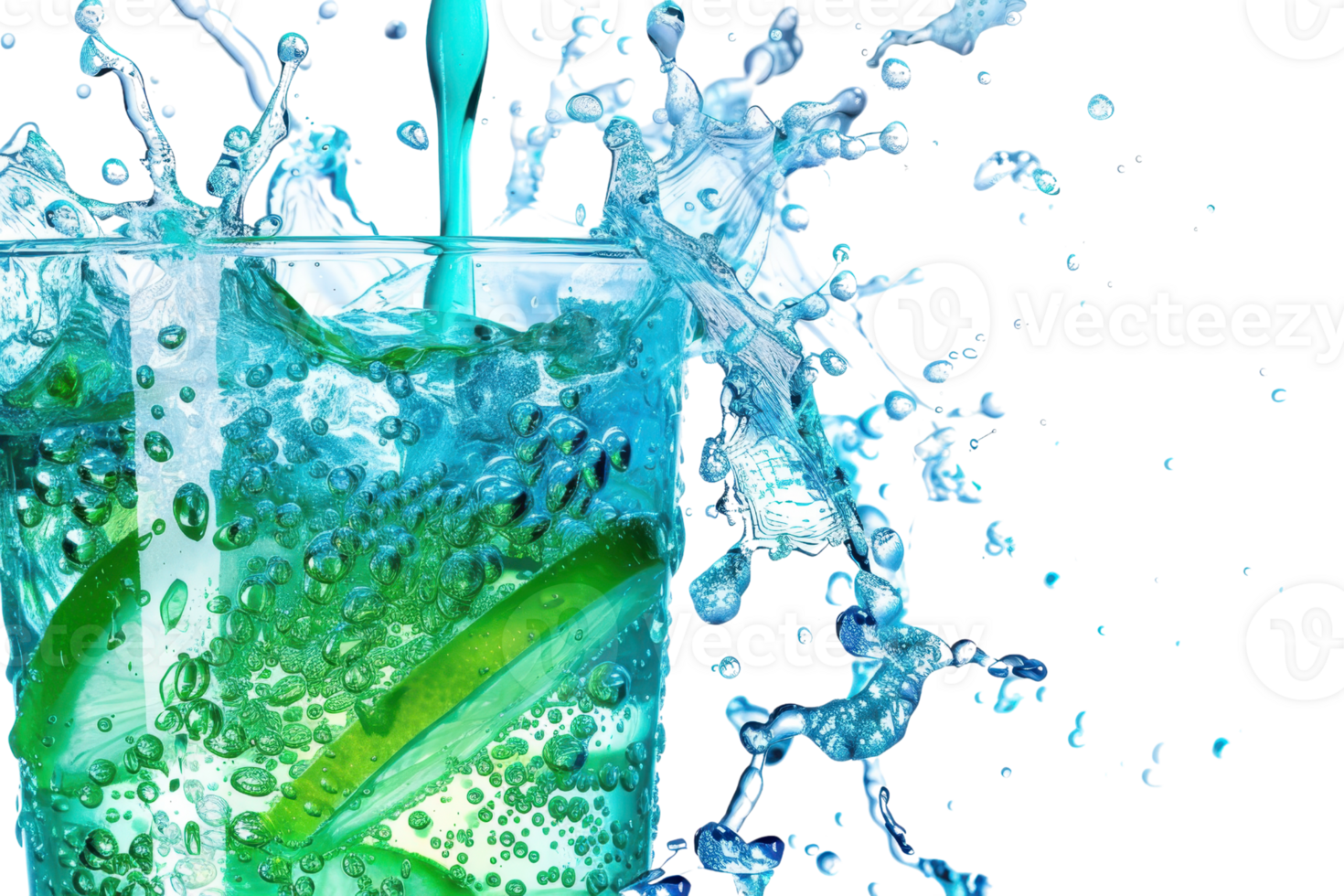 Refreshing lime sparkling water being poured into a glass with ice, against a vibrant backdrop of splashing water droplets. png