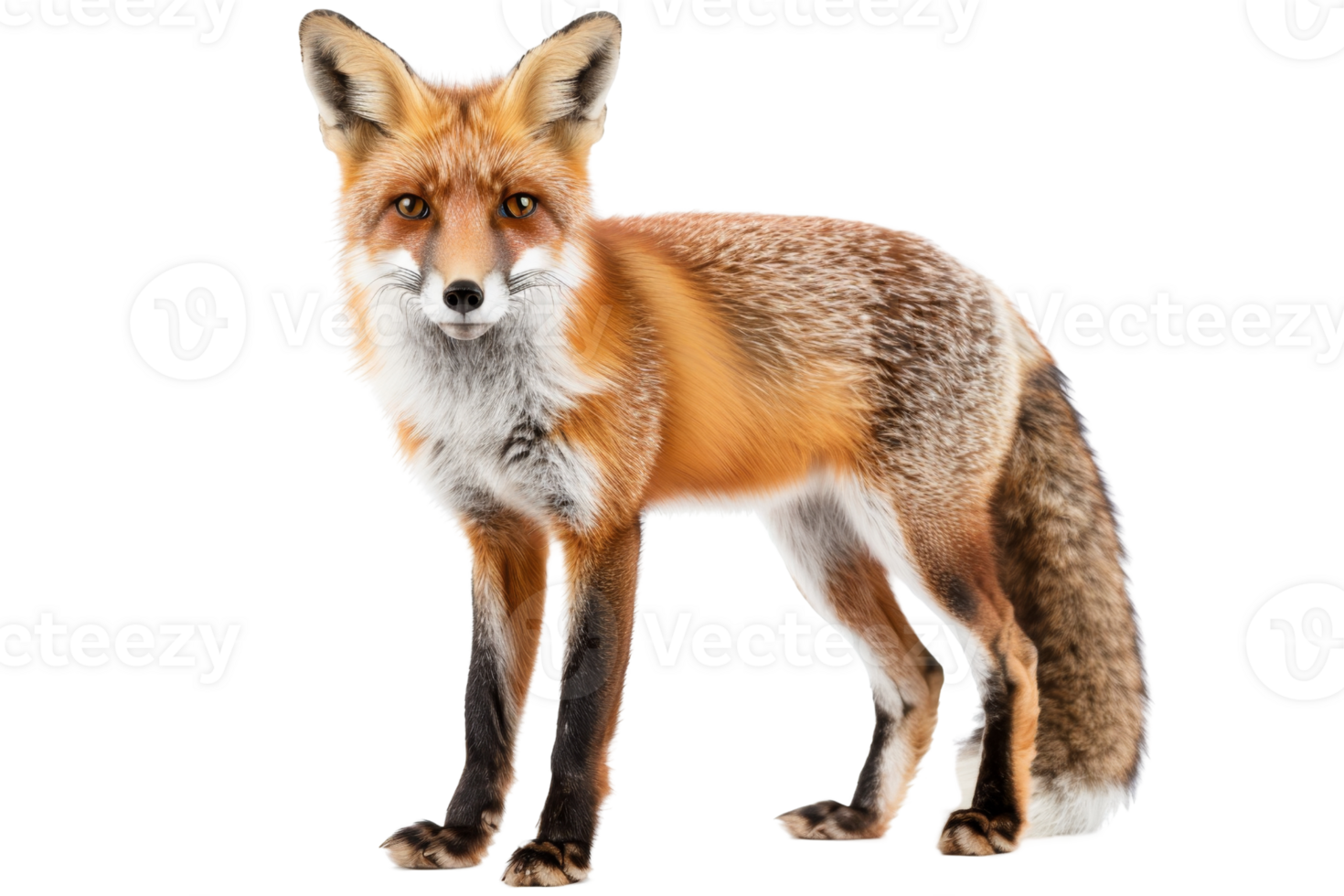 Vibrant photo of a red fox standing with transparent background. showcasing its bushy tail and alert expression. png