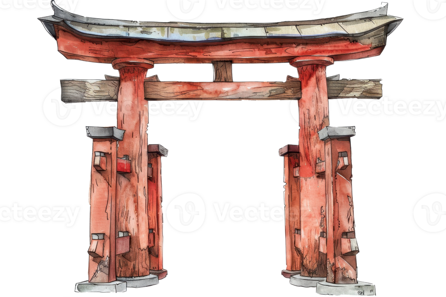 Watercolor illustration of a traditional Japanese Torii gate, symbolizing the entrance to a sacred space in Shinto shrines. png