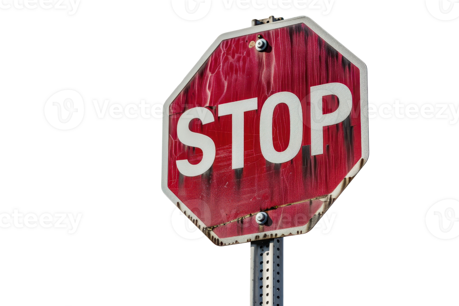 Weathered stop sign symbolizing caution, safety, and regulation on a transparent background. ideal for themes of road safety and traffic control. png