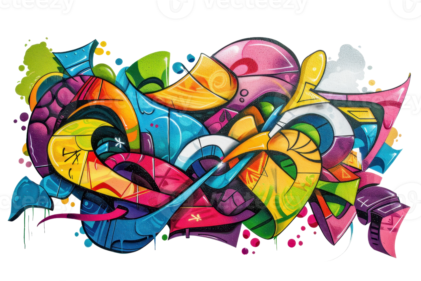 Vibrant graffiti mural with abstract shapes and colorful patterns creating a dynamic urban art piece full of energy and creativity. png