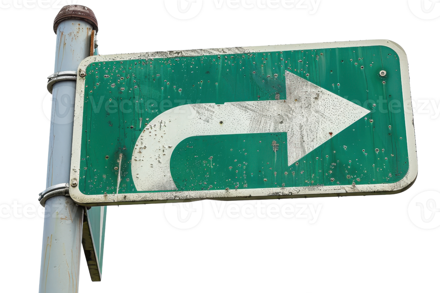 Weathered road sign with a right turn arrow, depicting urban decay and direction in a city environment. png