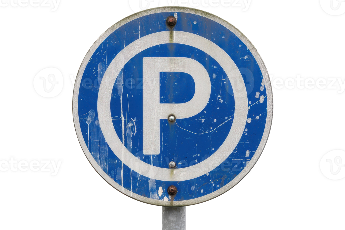 Weathered blue parking sign with white 'P' symbol on a metal post, isolated on a transparent background. png