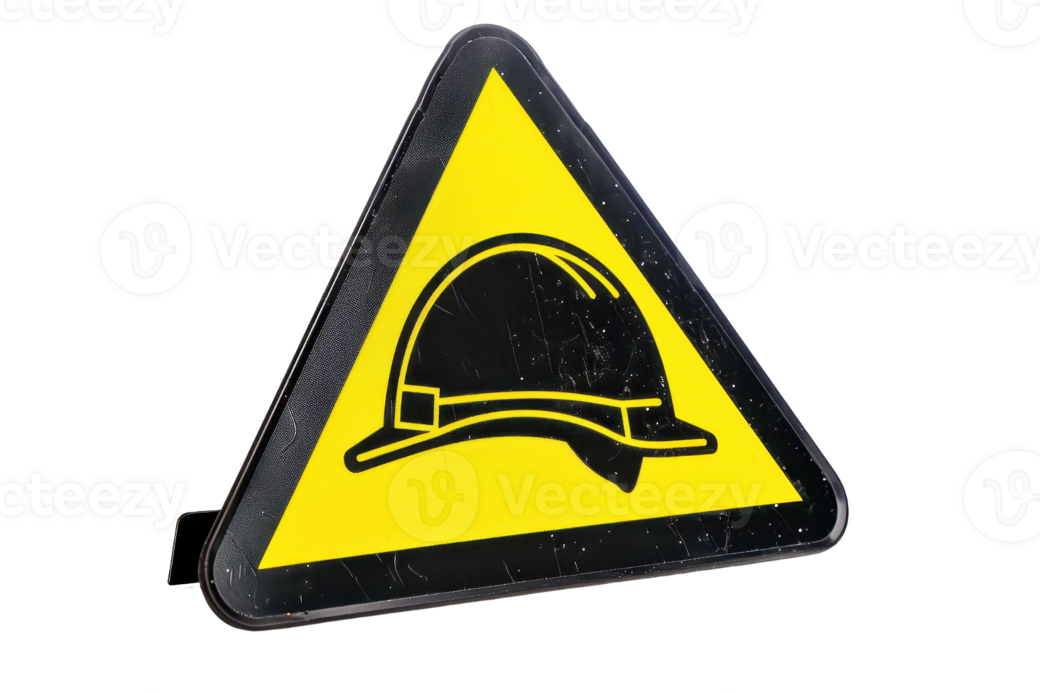 Yellow triangle construction safety sign indicating the requirement to wear a hard hat. Industrial caution symbol isolated on transparent background. png