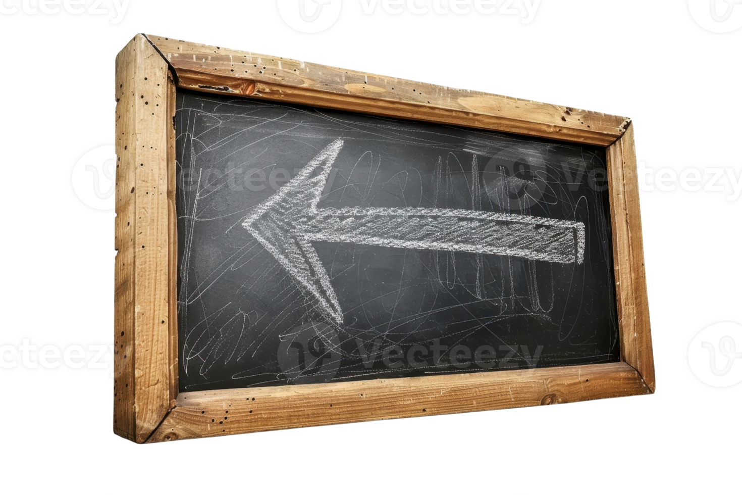 Wooden framed blackboard with a hand-drawn chalk arrow pointing left. Ideal for educational or directional concepts. png