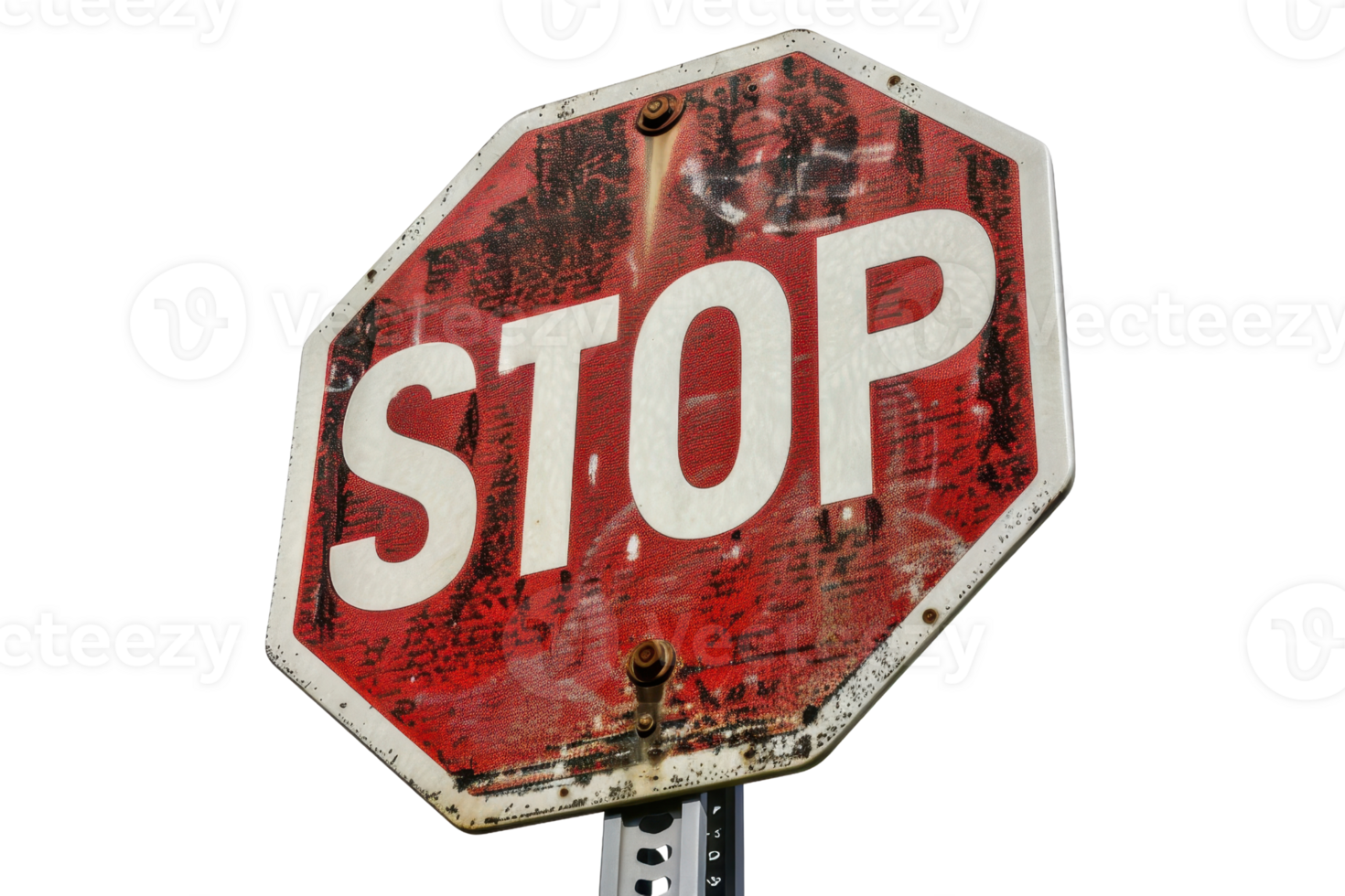 Weathered stop sign, close-up view. Sign shows wear and fading, adding character and history, set against a plain background. png