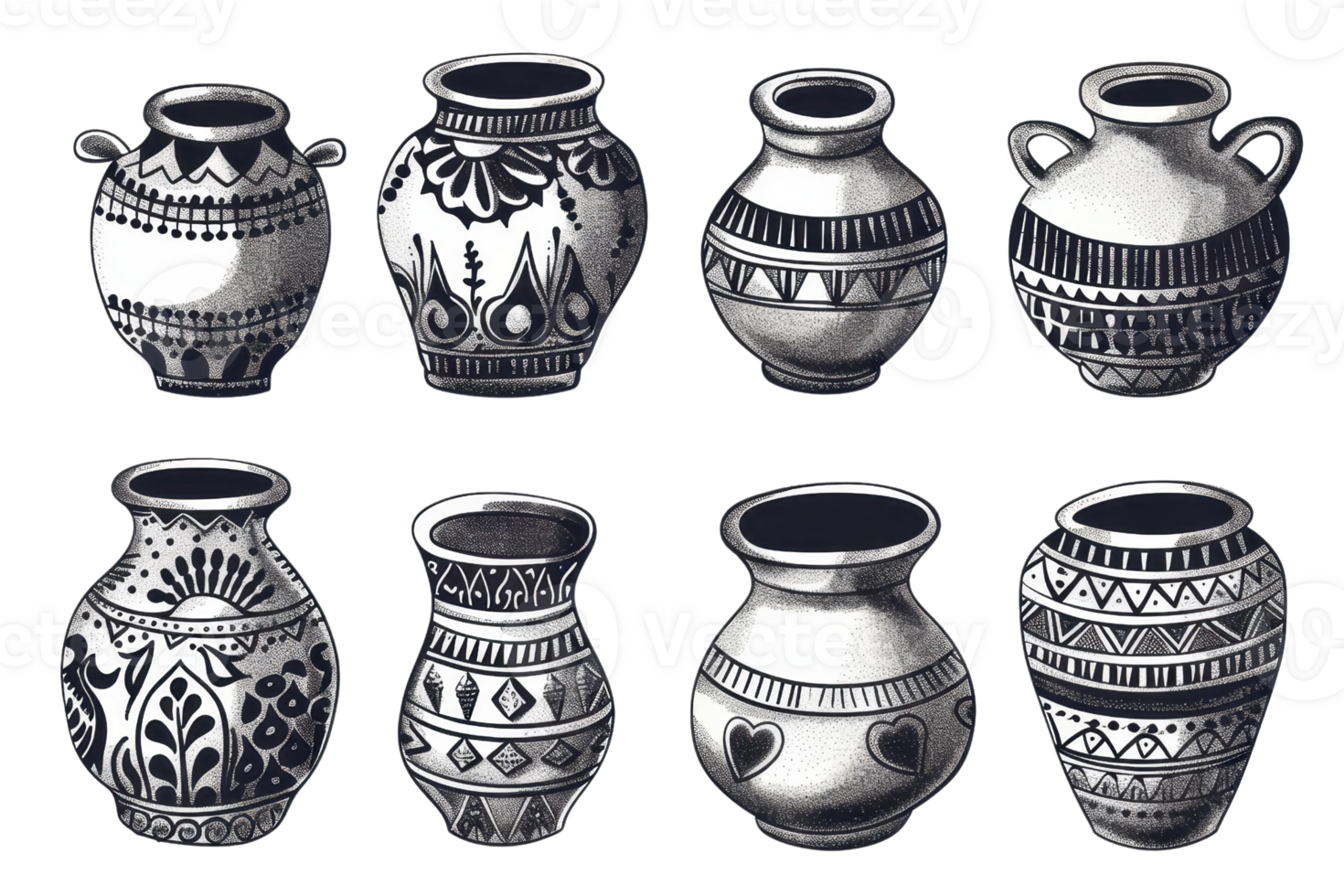 A collection of intricately designed black and white ceramic vases with various patterns, perfect for home decor and artistic inspiration. png
