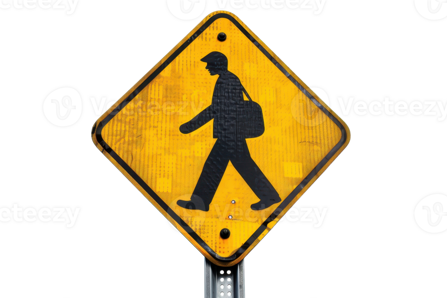 Yellow pedestrian crossing traffic sign with a walking figure, isolated on transparent background. representing safety and road caution. png