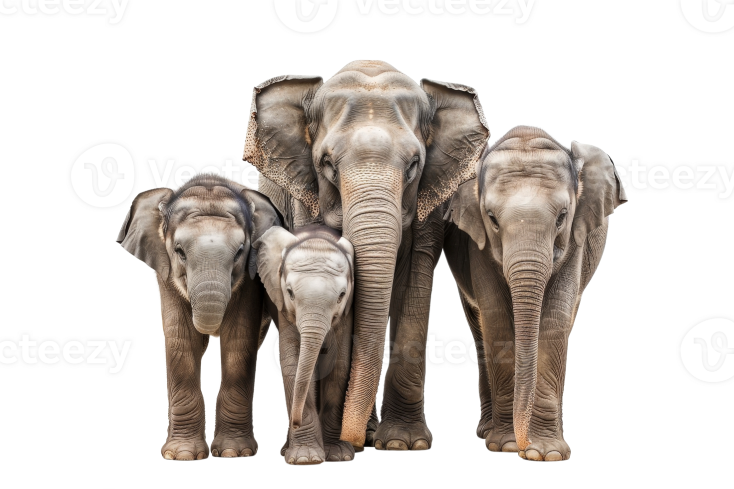 A family of four elephants standing closely together, showcasing their majestic size and strong family bond in natural habitat. png