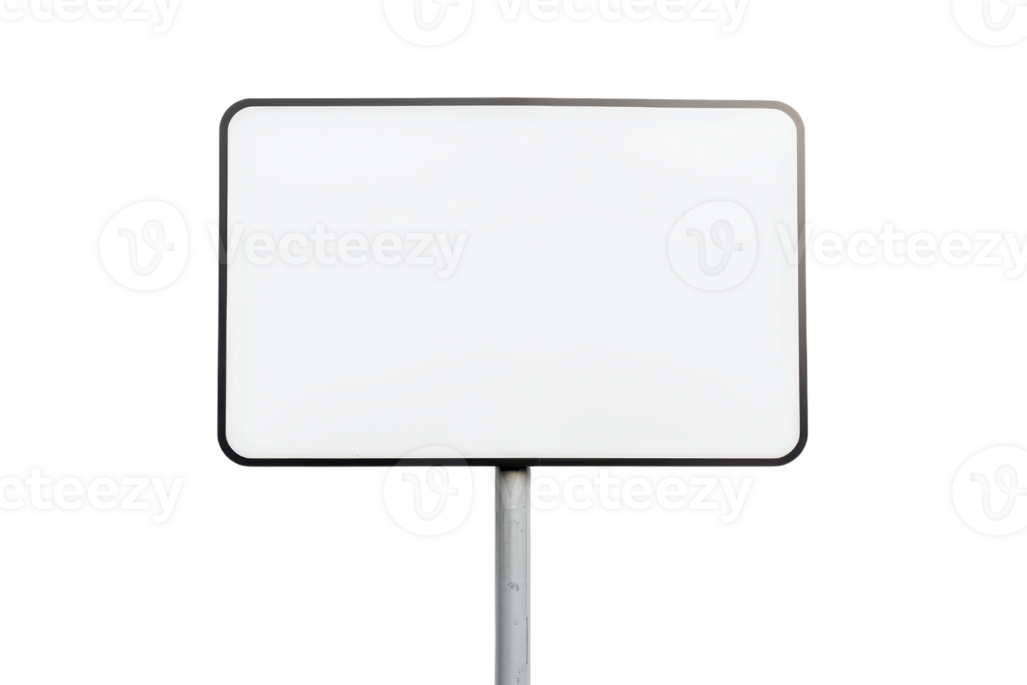 Blank rectangular white sign with a black border on a metal pole isolated on transparent background. ready for custom text or design. png