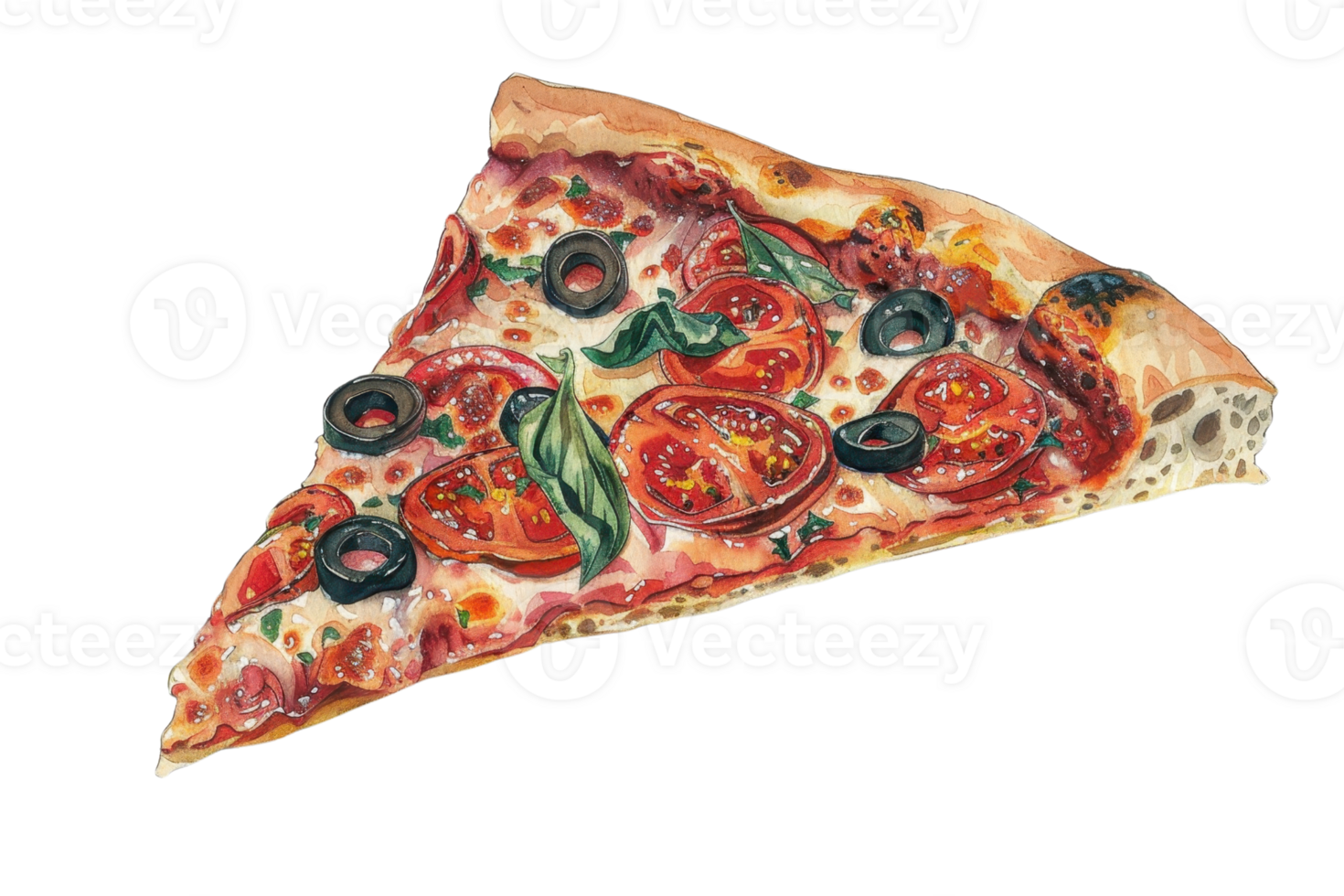 A delicious slice of pizza with toppings including tomatoes, olives, and fresh basil on a thin crust. Perfect for food illustrations or menus. png
