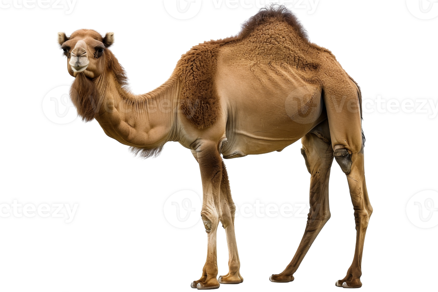 A detailed stock photo of a camel standing on a transparent background. showcasing its unique features and desert adaptations. png