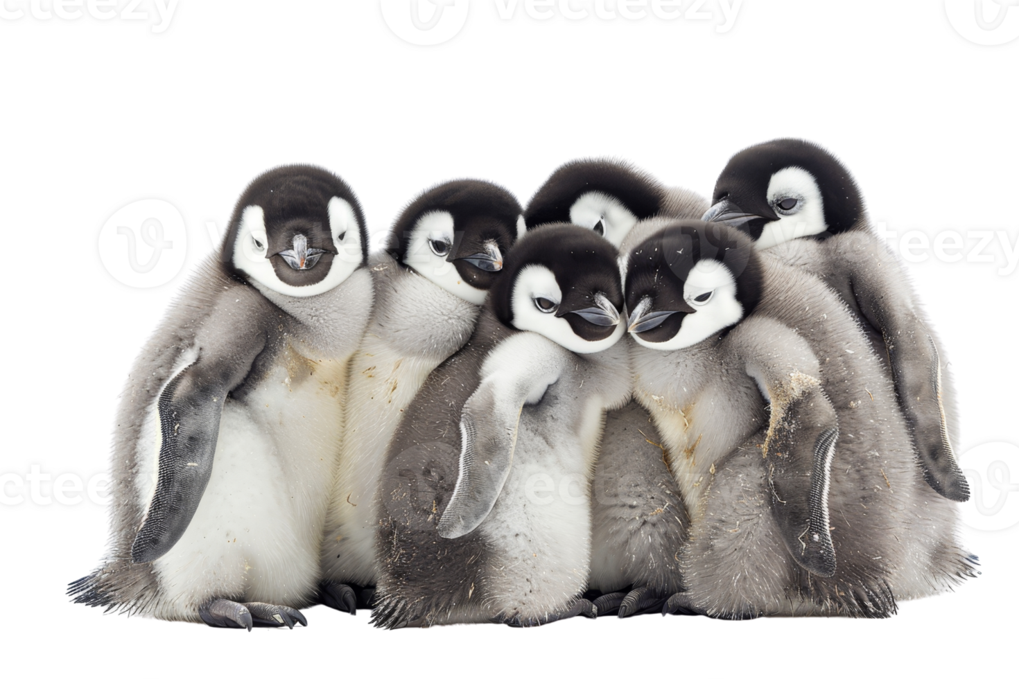 A group of adorable baby penguins huddling together, showcasing their fluffy feathers and cute faces against a transparent background. png