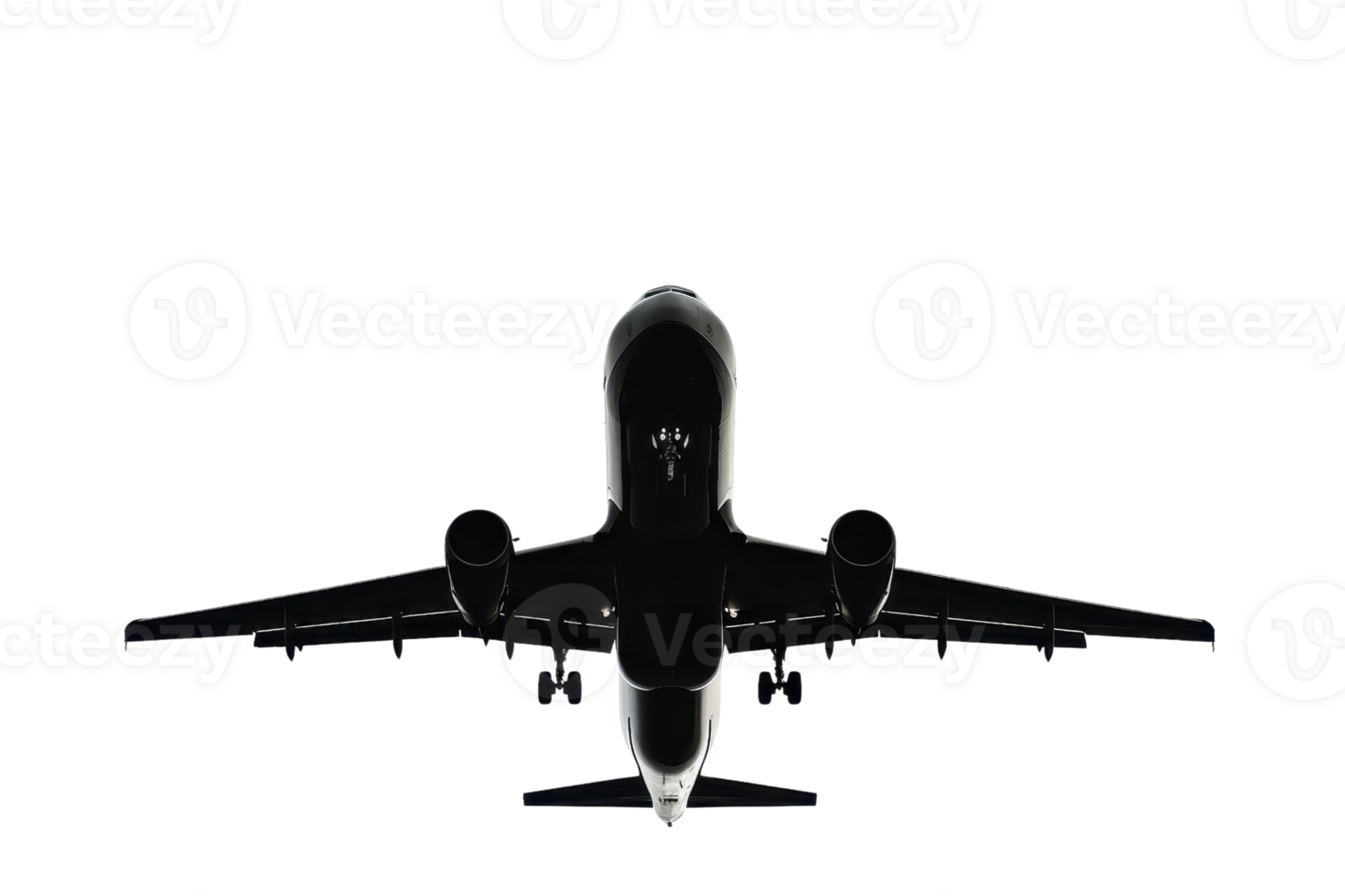 Front view of an airplane in flight against a dark background, emphasizing aviation and travel concepts. png