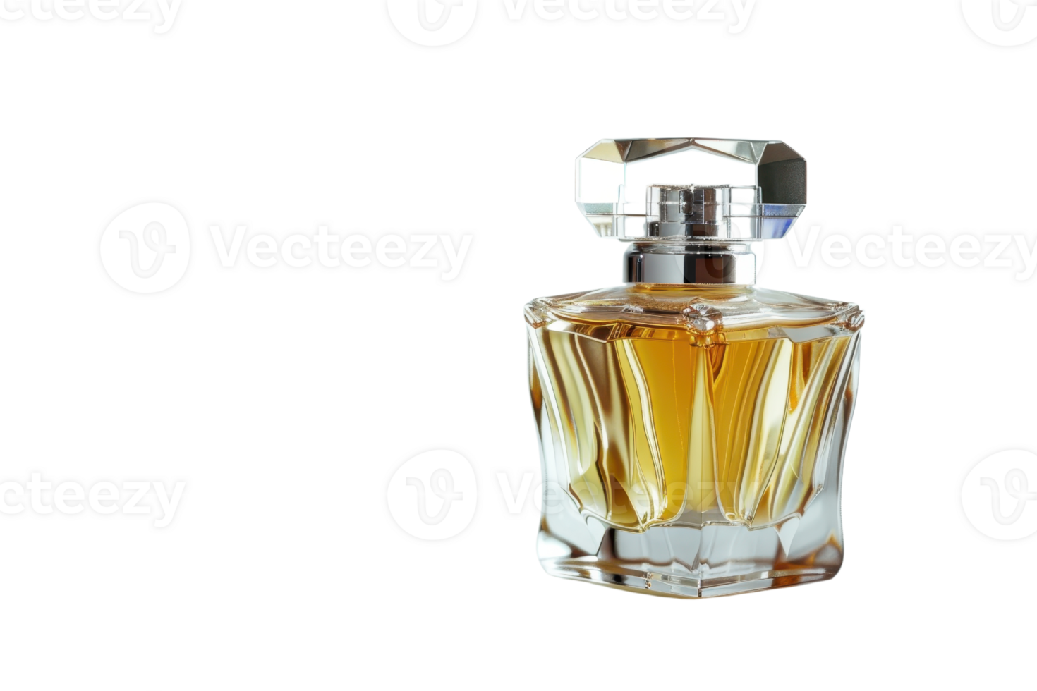Elegant perfume bottle with golden liquid, clear glass design, perfect for fragrance advertising, luxury product photography, isolated on white. png