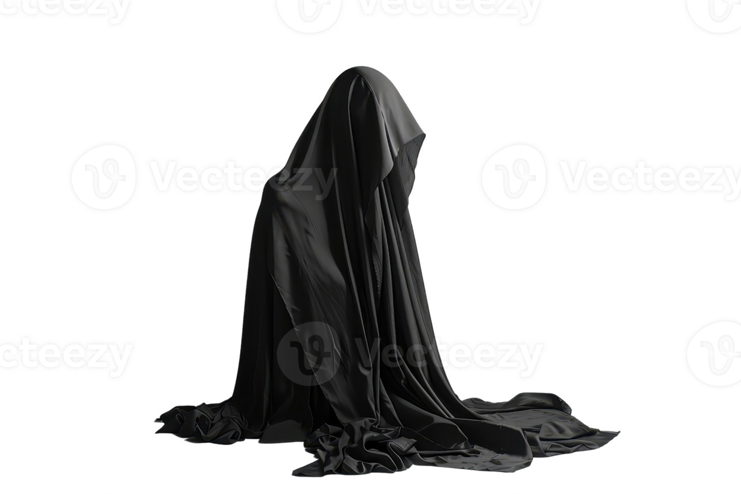 Mysterious figure draped in black fabric, creating an eerie and haunting atmosphere perfect for Halloween or horror-themed projects. png