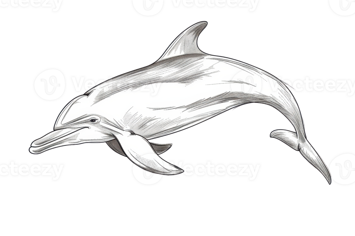 Detailed illustration of a dolphin swimming gracefully in the ocean, showcasing its sleek body and playful nature against a transparent background. png