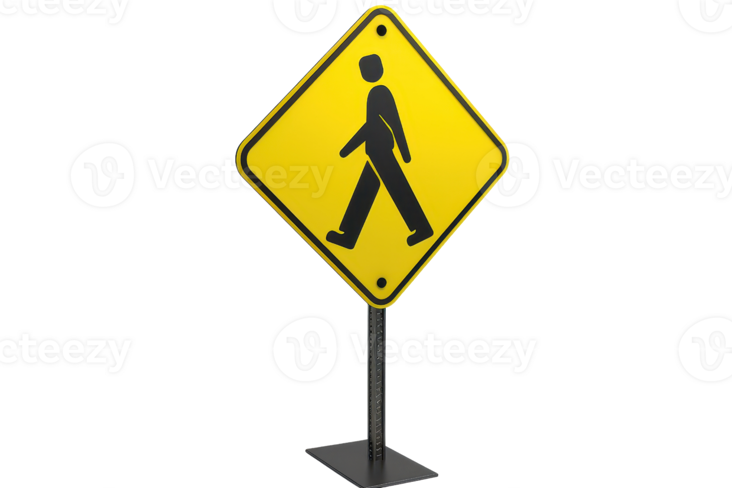 Yellow pedestrian crossing sign on metal post, isolated on transparent background. Perfect for traffic and road safety illustrations or signage themes. png