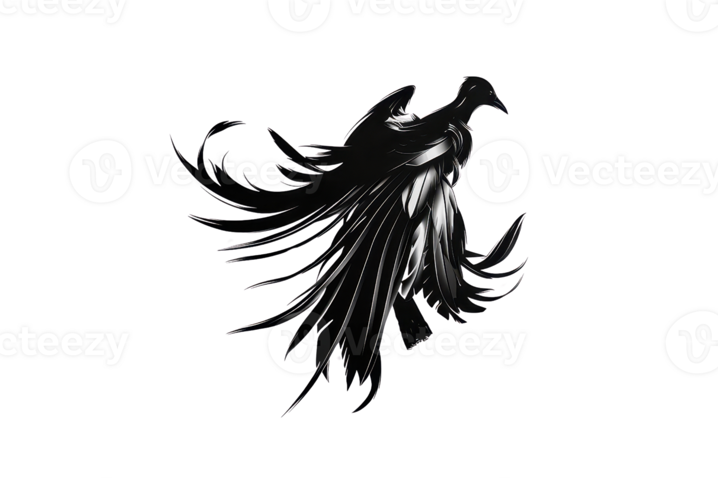 Digital illustration of a black ethereal figure with flowing feathers against a transparent background. depicting a mystical and dark fantasy element. png