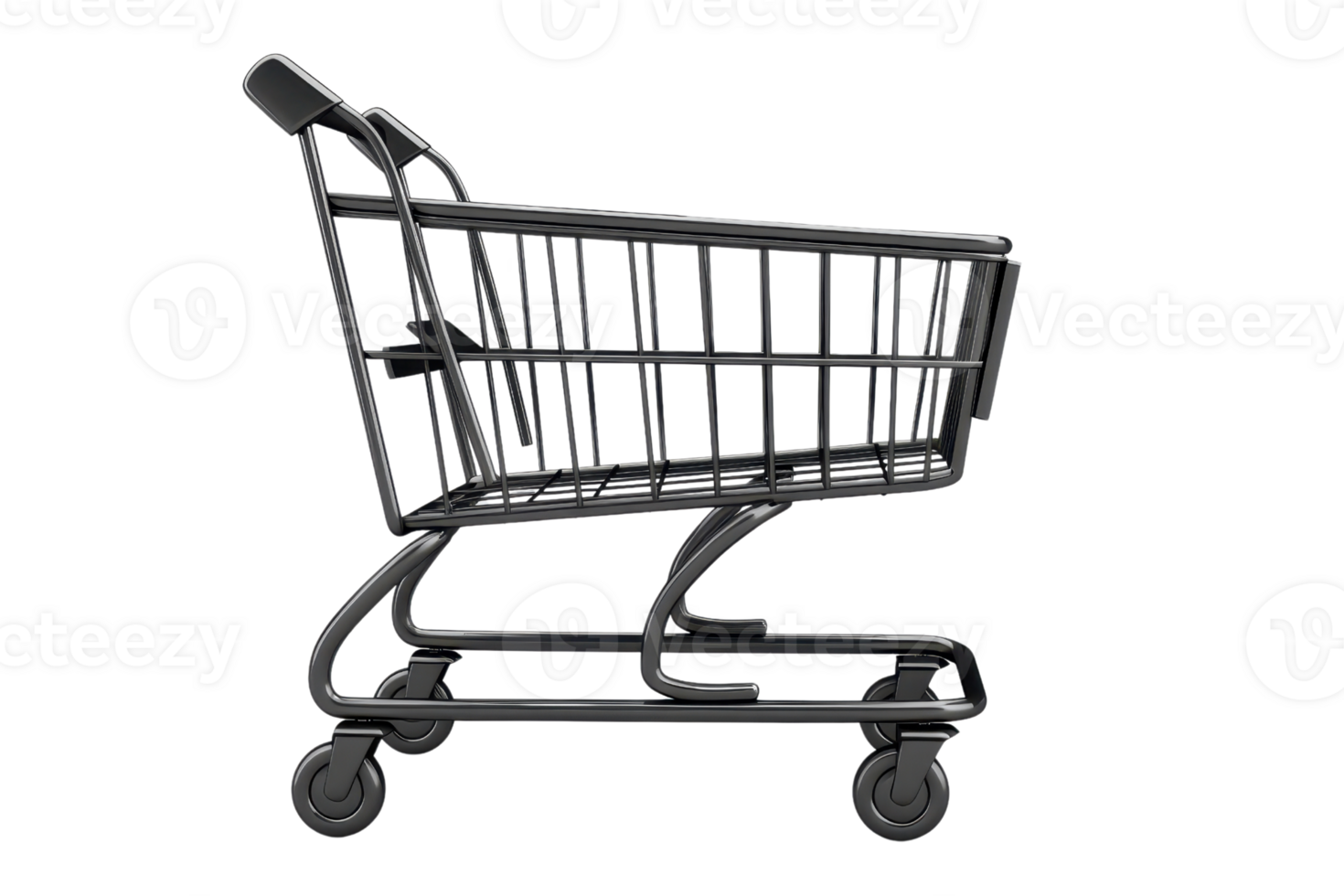 Side view of an empty shopping cart with black frame, isolated on a transparent background. ready for grocery or retail shopping. png