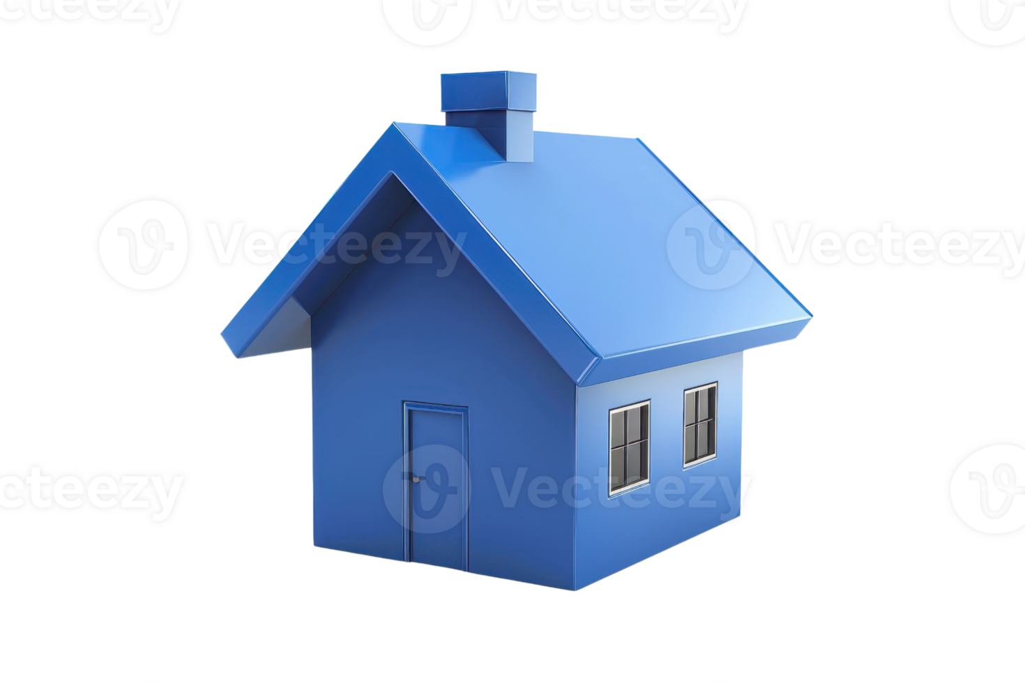 3D illustration of a simple, modern blue house with a chimney and windows, isolated on a transparent background. png