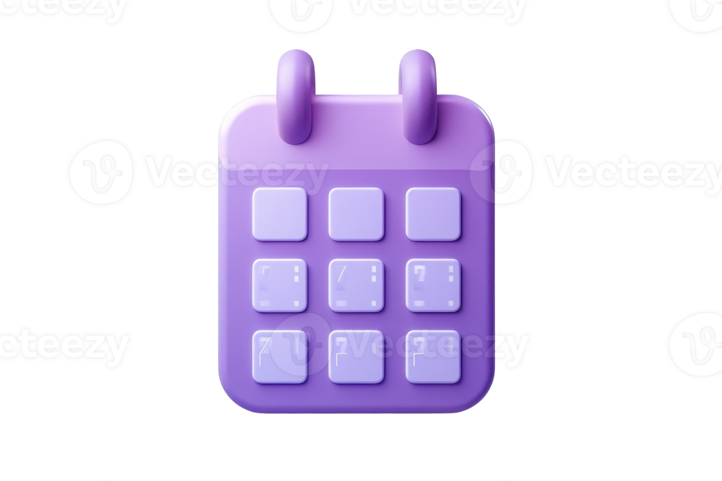 3D purple calendar icon with square date spaces, isolated on transparent background. perfect for scheduling and planning themes. png