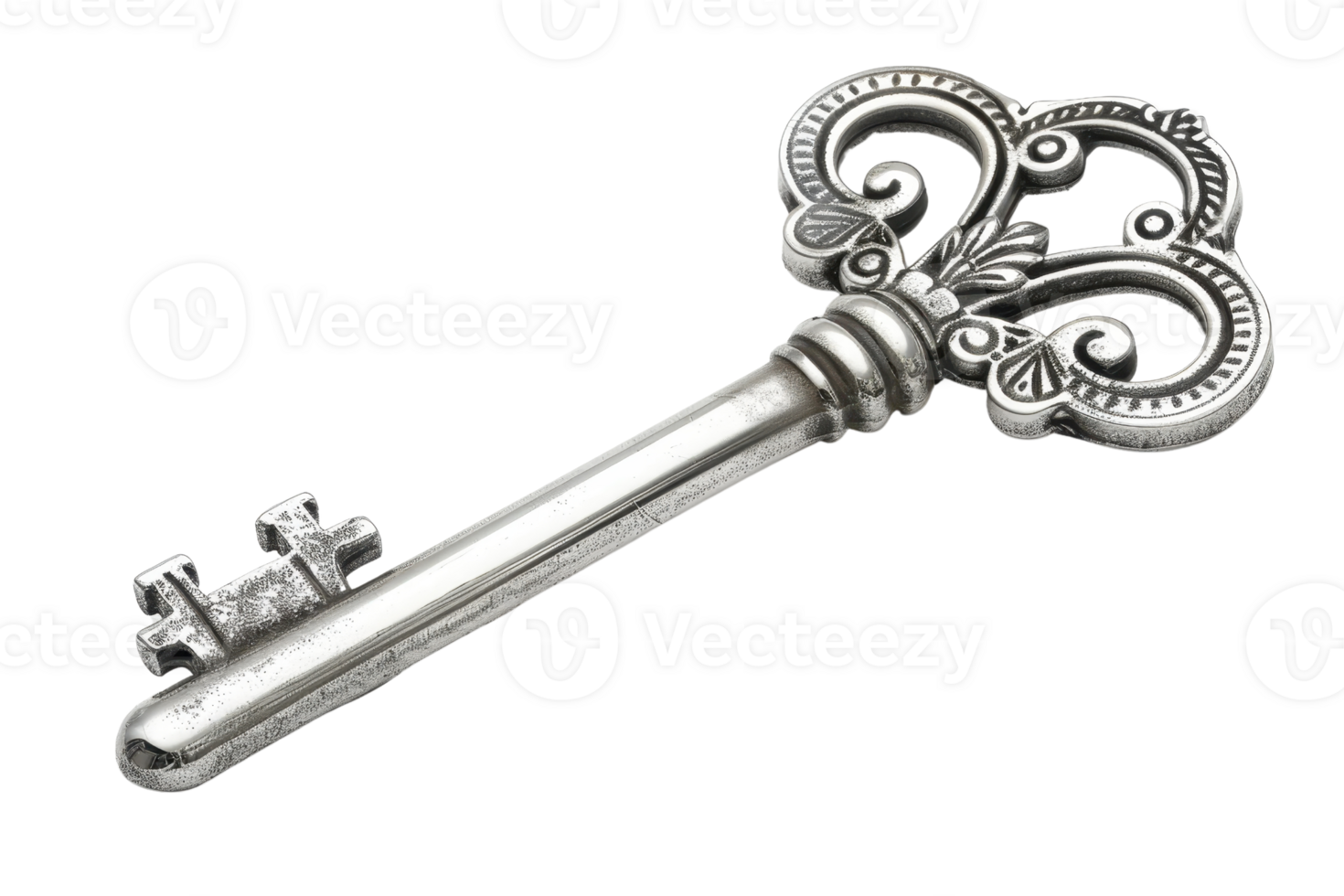 Intricately designed, antique silver key with ornate details, isolated on a transparent background. Perfect for vintage and historical themes. png