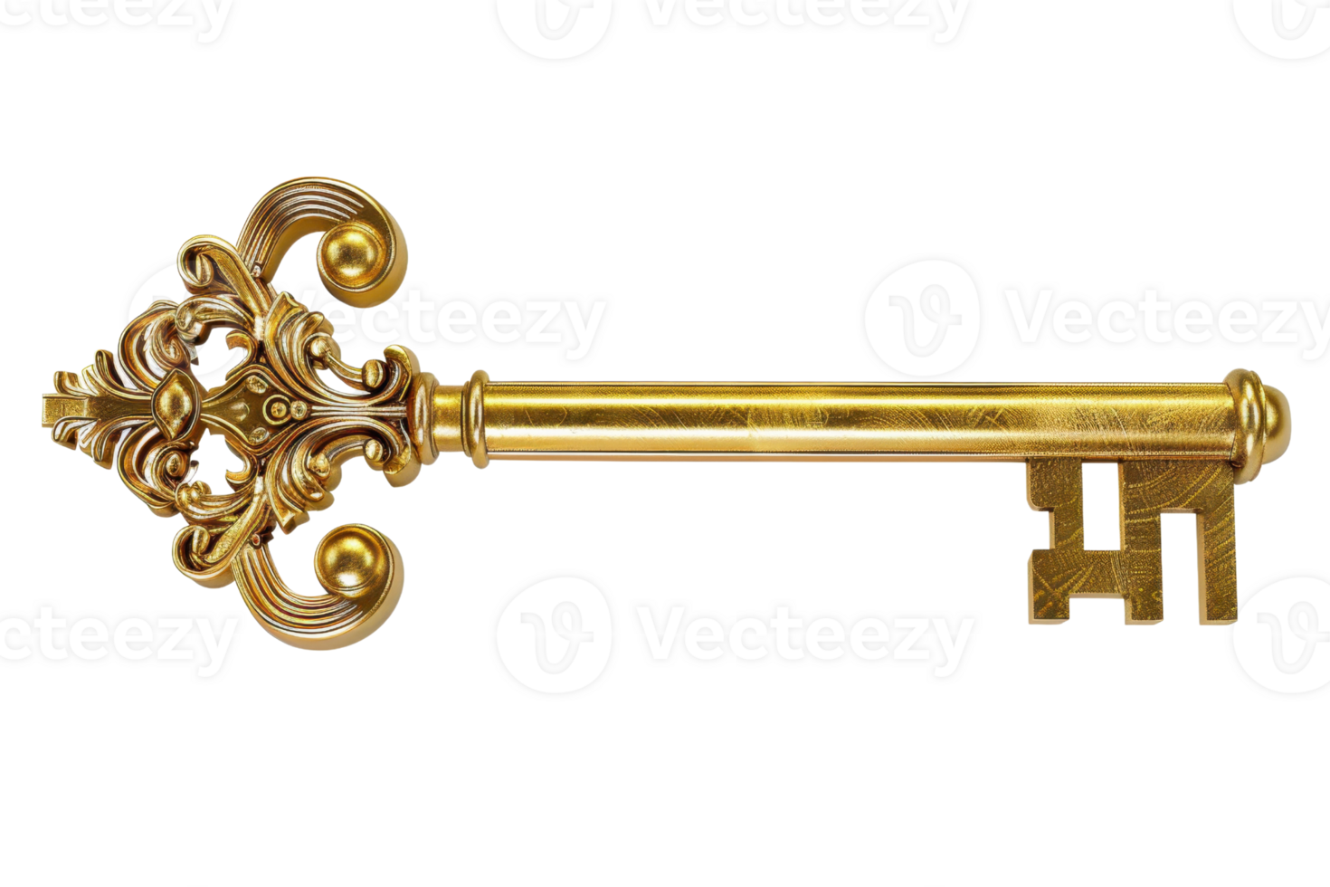 Ornate golden antique key with intricate design on the handle, isolated on transparent background. symbolizing security and unlocking secrets. png