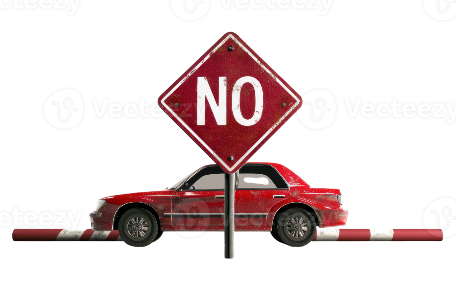 Red car stopped by barrier with prominent no entry sign, representing traffic restriction and roadblock concept. png