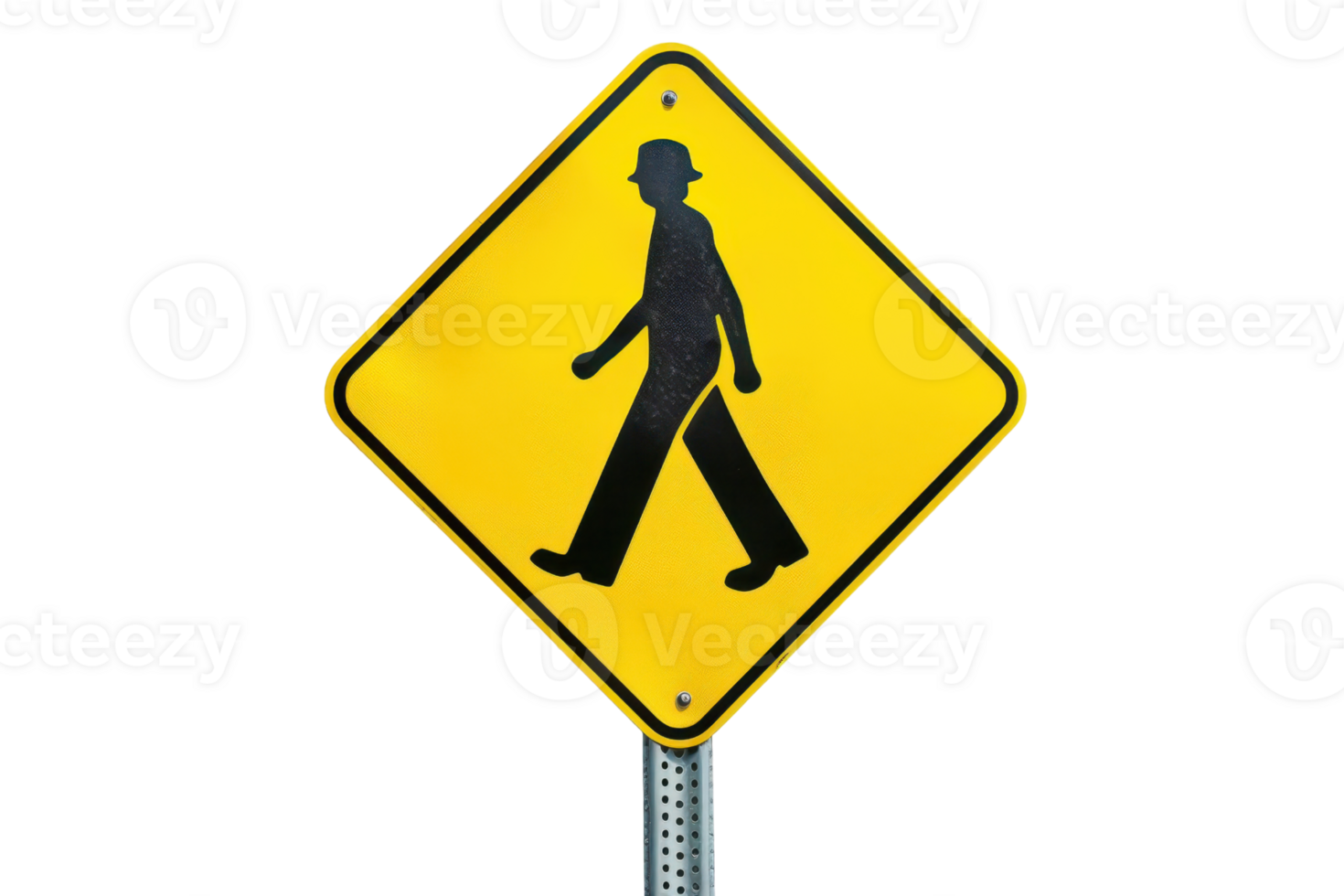 Yellow pedestrian crossing sign with silhouette of walking person on isolated transparent background. highlighting street safety. png
