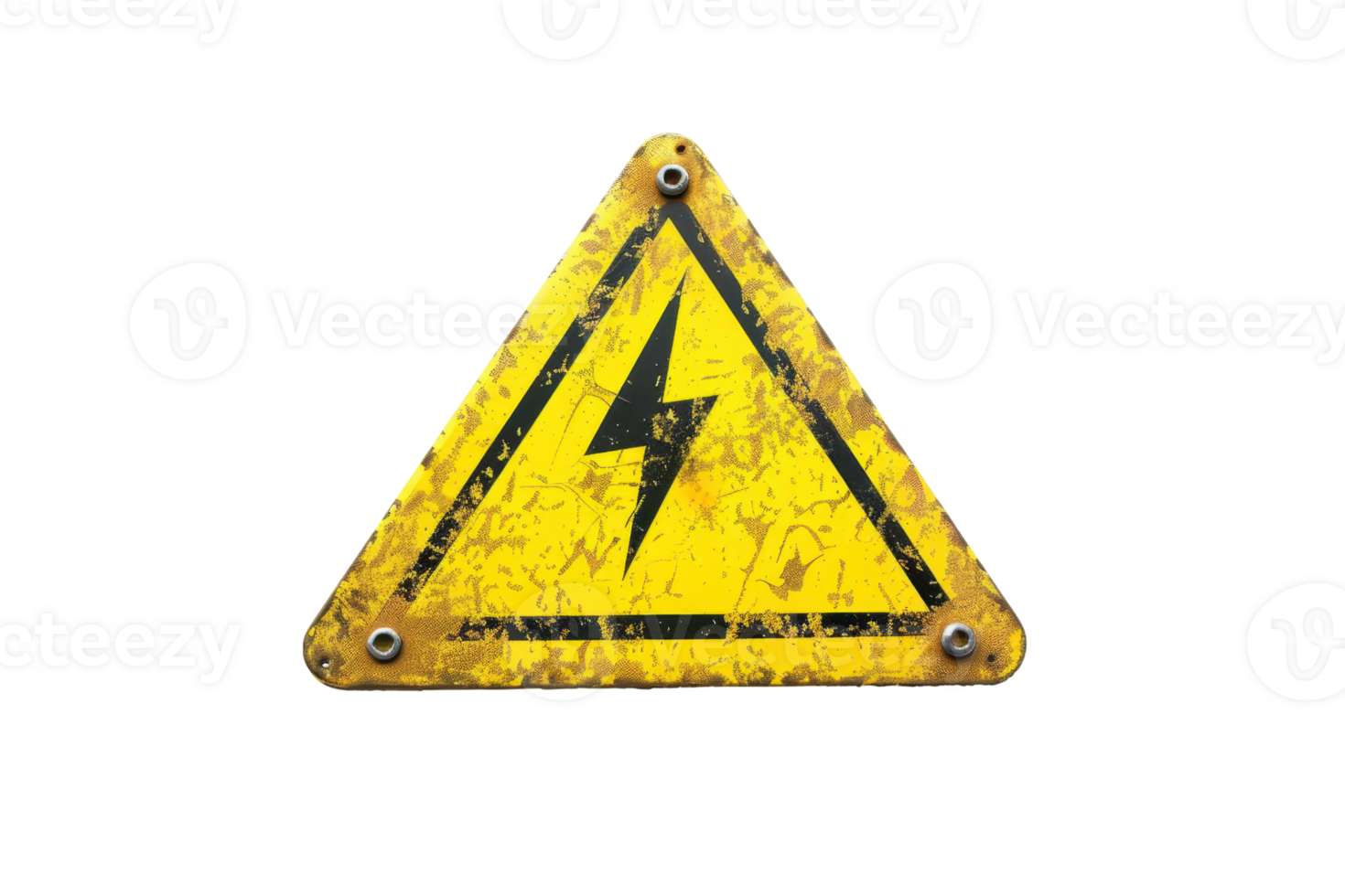Old worn yellow warning sign with a black lightning bolt indicating electrical hazard. Isolated on a plain background. png