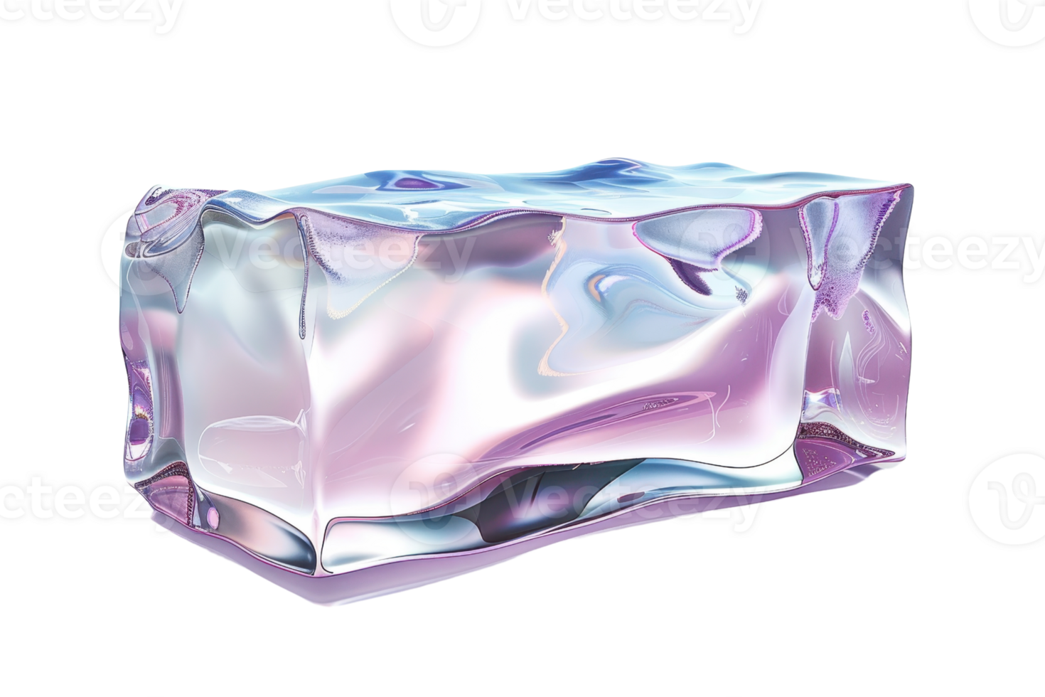 Abstract image of a translucent and iridescent ice cube with a metallic sheen, offering a futuristic and surreal visual effect. png