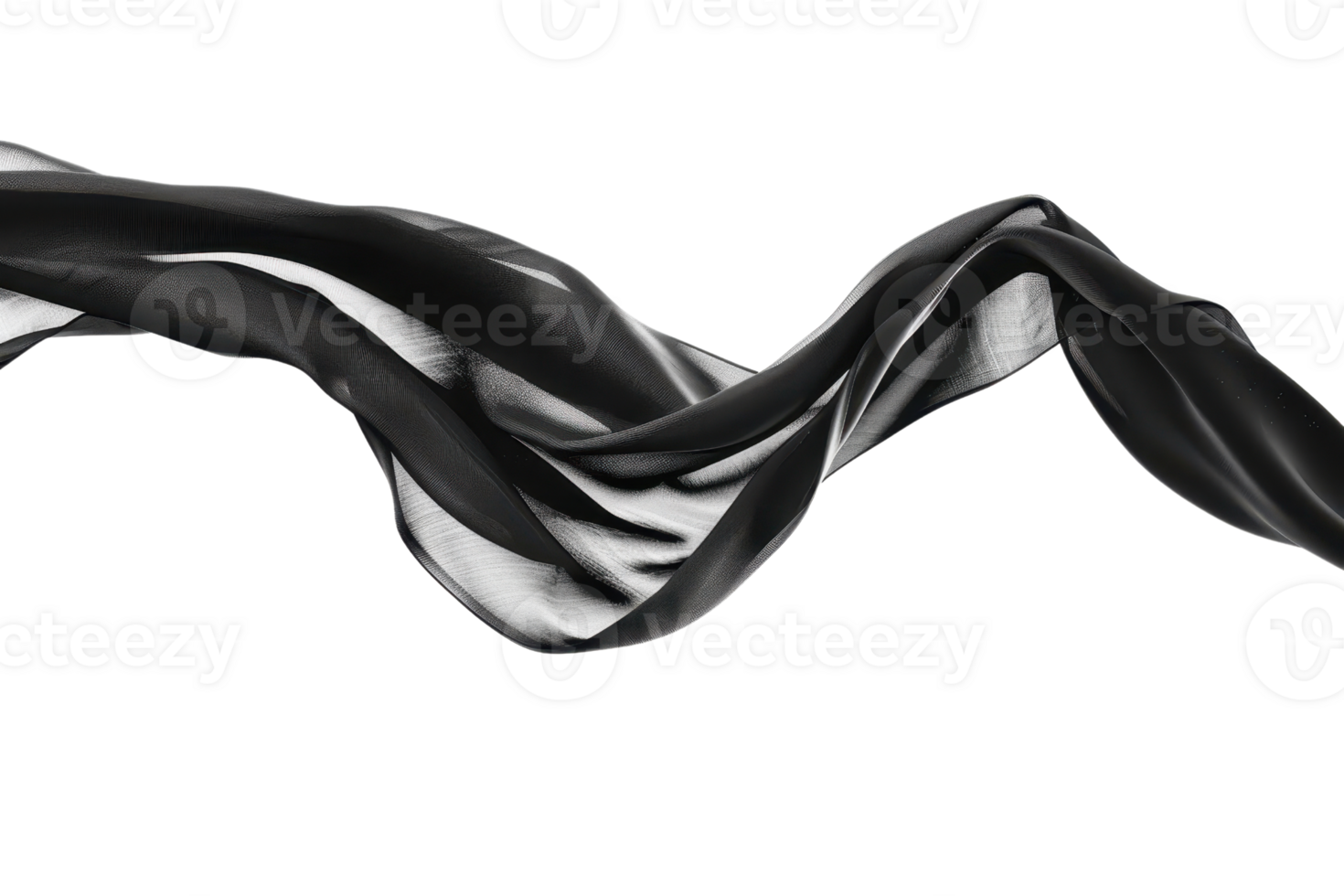 Elegant black fabric wave floating in a dynamic, fluid motion, isolated on a transparent background. showcasing a stunning abstract design. png