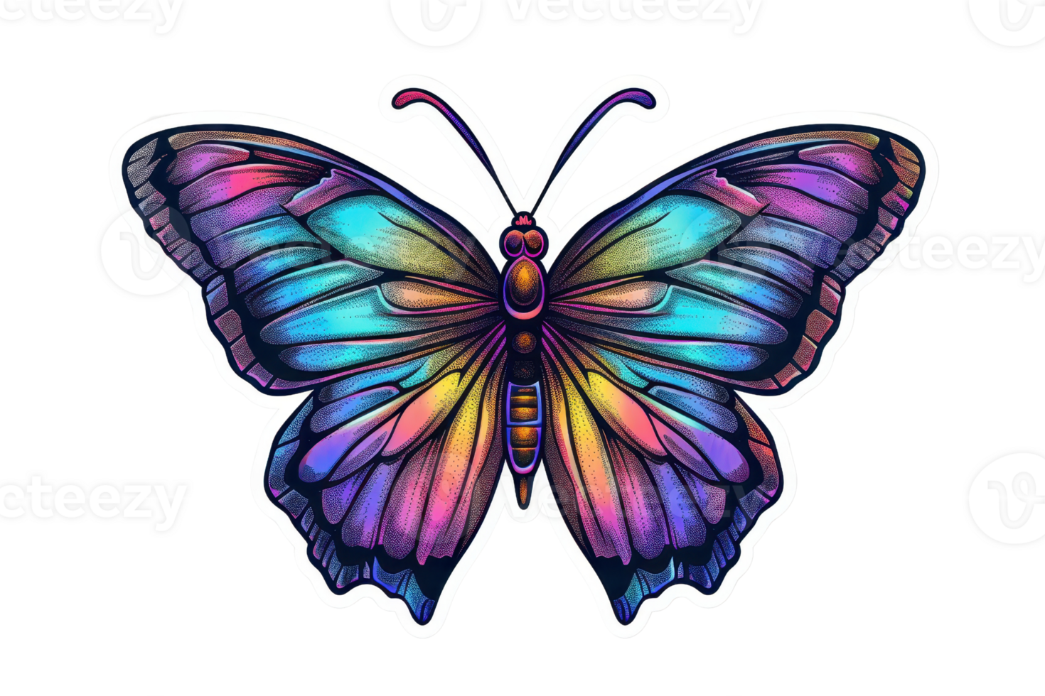 Vibrant and colorful butterfly illustration with intricate patterns and stunning gradient wings. Perfect for creative design and art projects. png