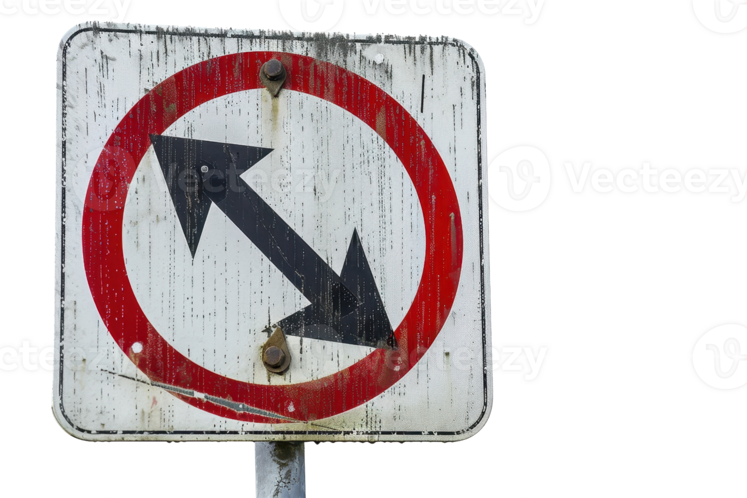 Old and weathered traffic sign indicating prohibited left and right turns, isolated on transparent background. Urban decay and transportation concept. png