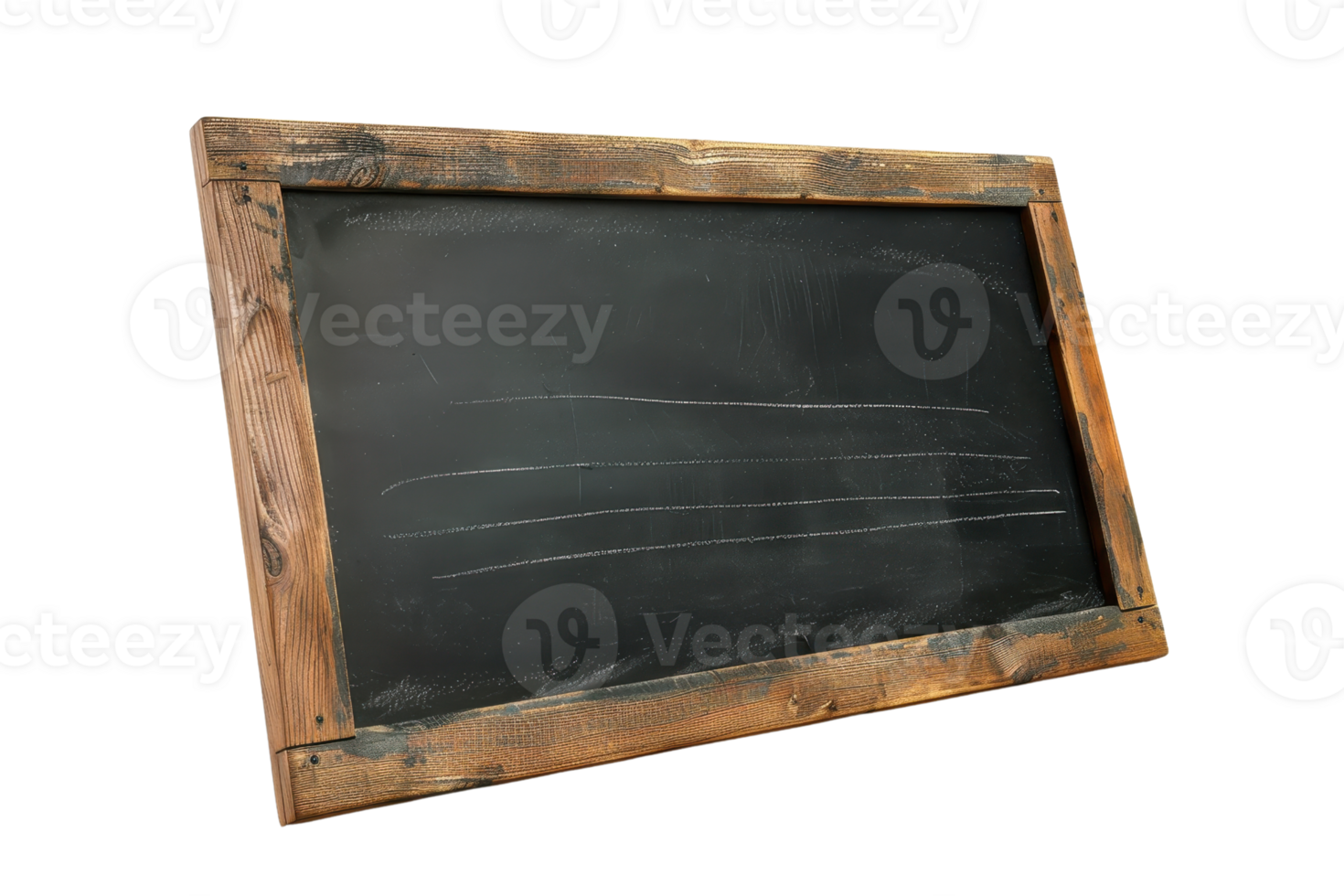 Old wooden framed blackboard with faint chalk lines isolated on transparent background. symbolizing education and nostalgia. png