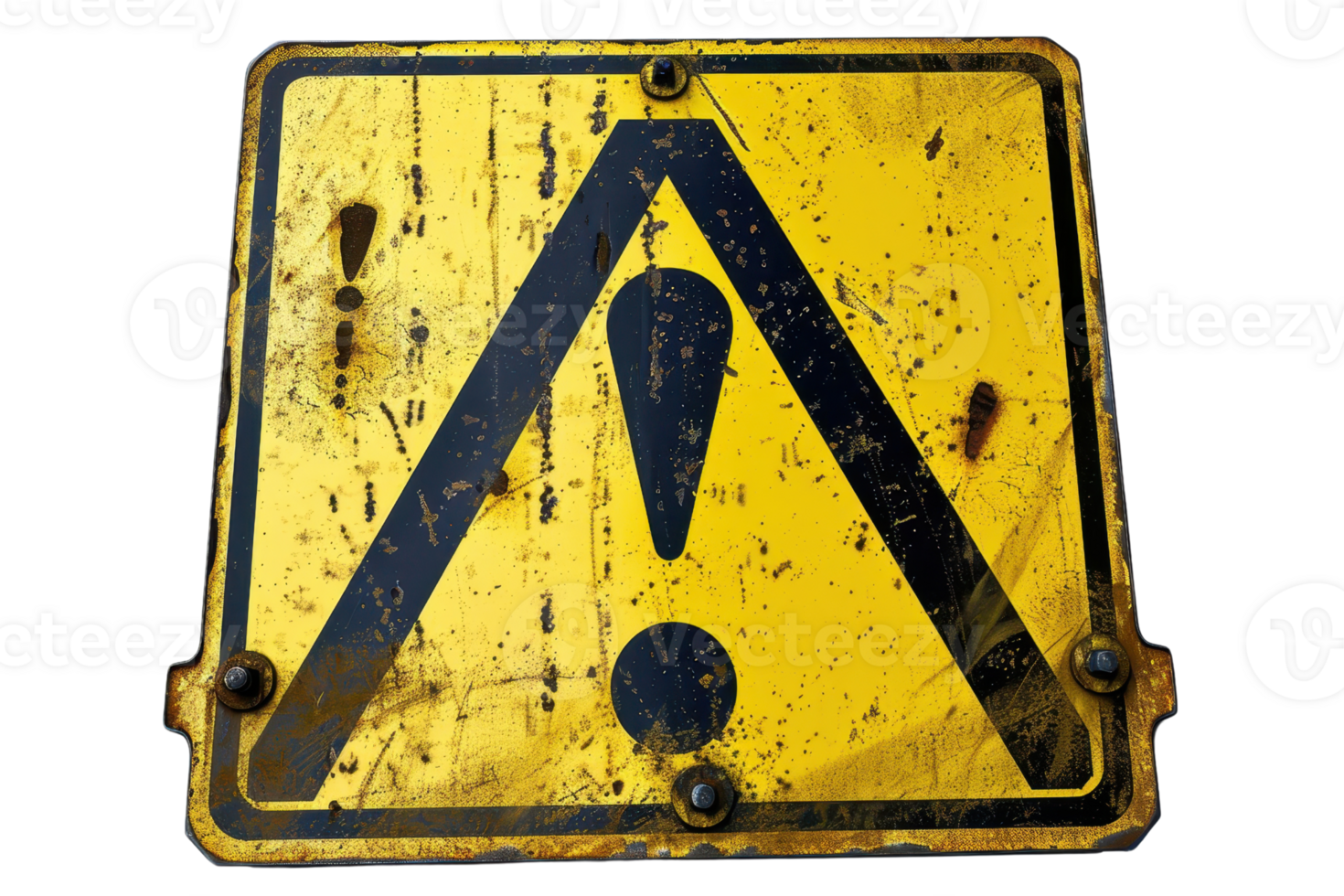 Rusty yellow caution sign with black exclamation mark, worn and weathered. Ideal for warning, hazard, or safety-themed visuals. png