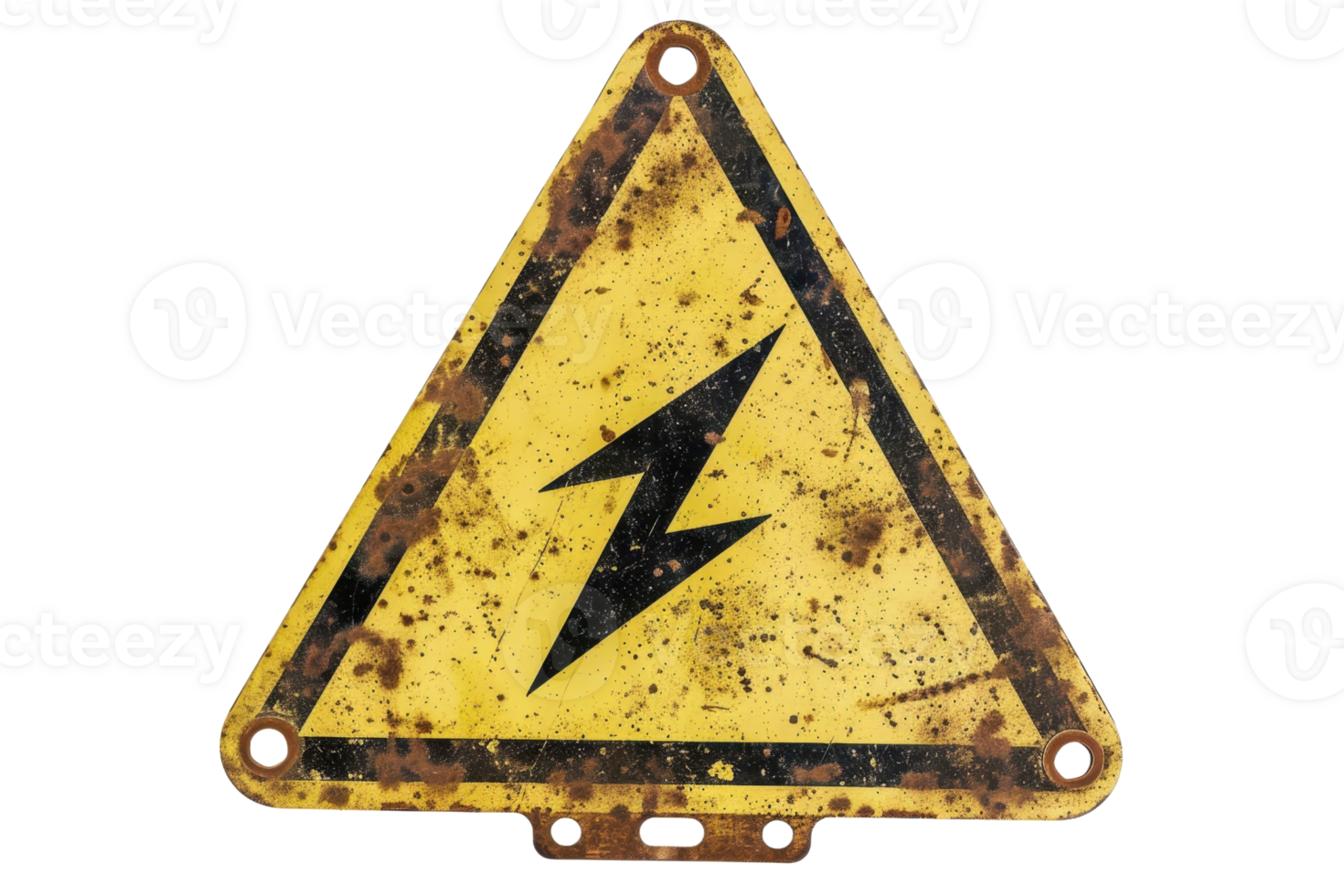 Rusty yellow caution sign featuring a black lightning bolt symbol, indicating electrical hazard warning. Isolated on a transparent background. png