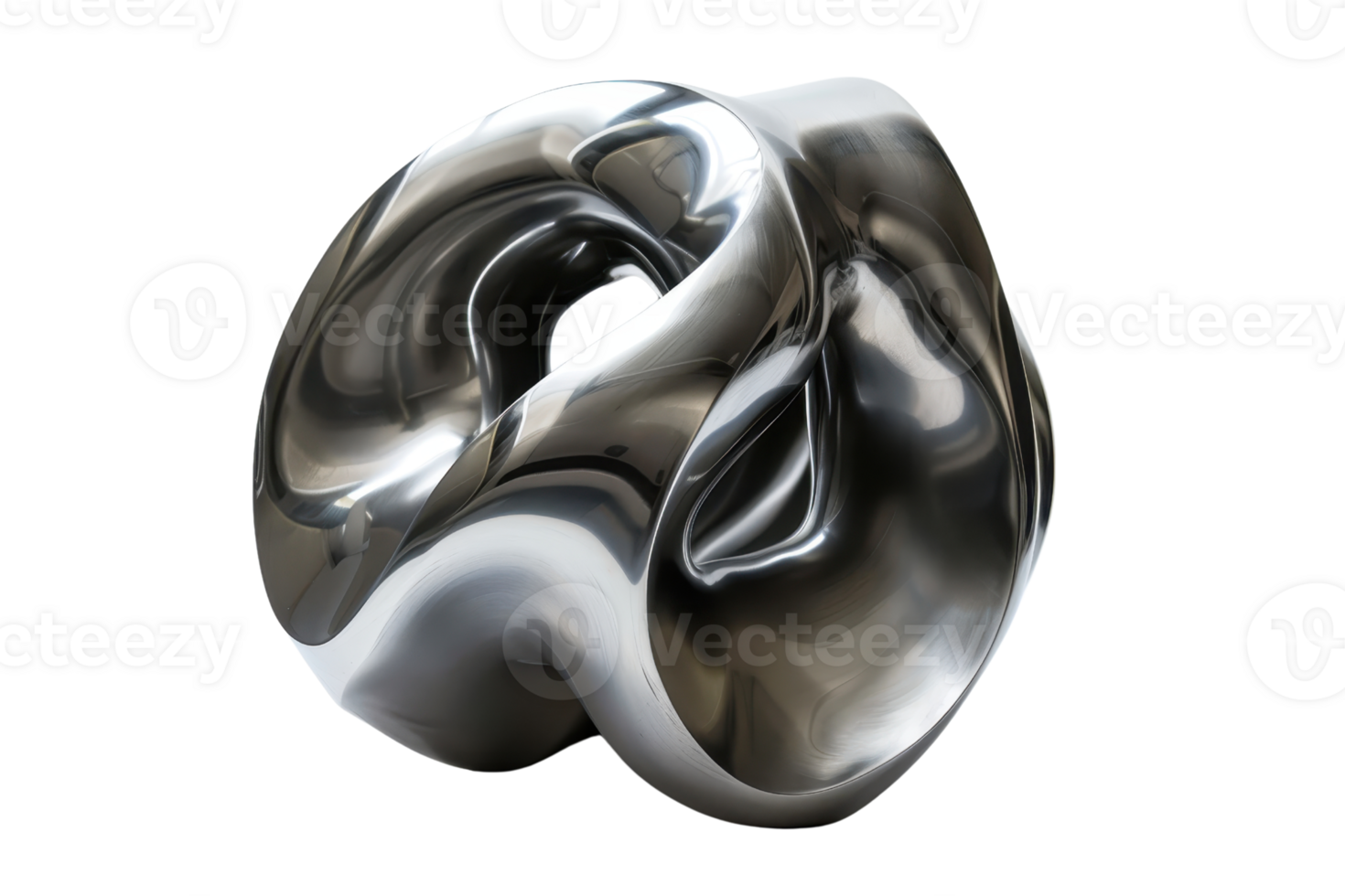 Abstract metallic sculpture with fluid, organic shapes and glossy surface, isolated on transparent background. png