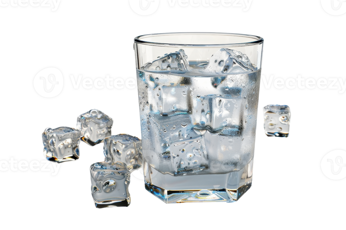 A glass of water with ice cubes surrounded by melting ice on a clear surface. Refreshing and cool concept for summer hydration. png