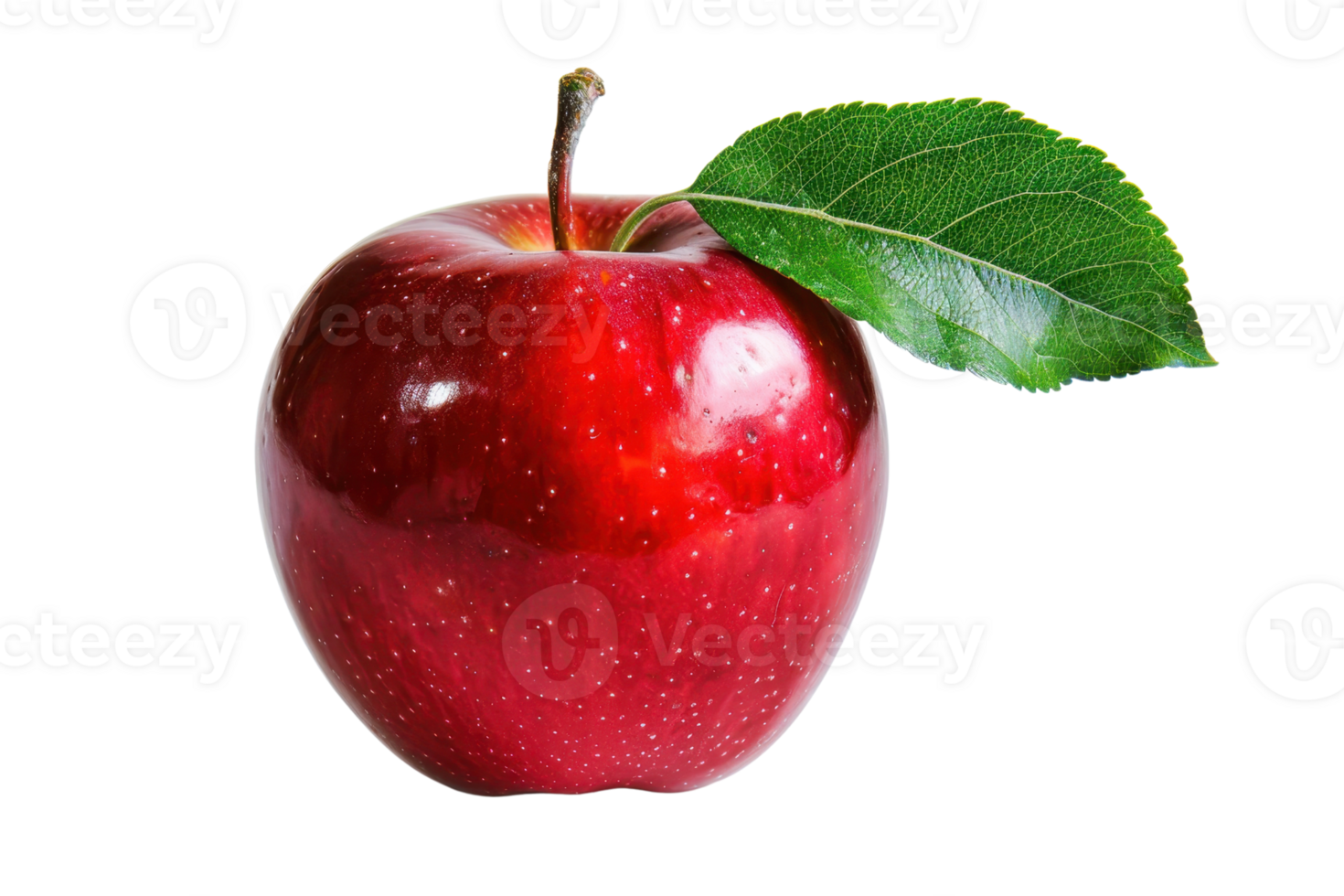 Close-up of a fresh, shiny red apple with a green leaf, isolated on a transparent background. Perfect for healthy eating and fruit-related concepts. png