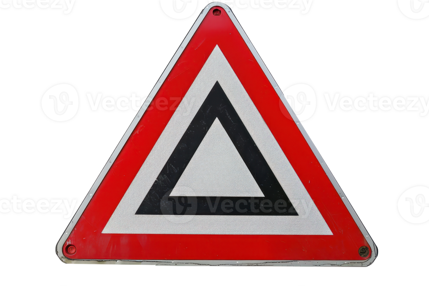 Close-up of a reflective triangular road sign warning drivers to yield, commonly found at intersections and road merges. png