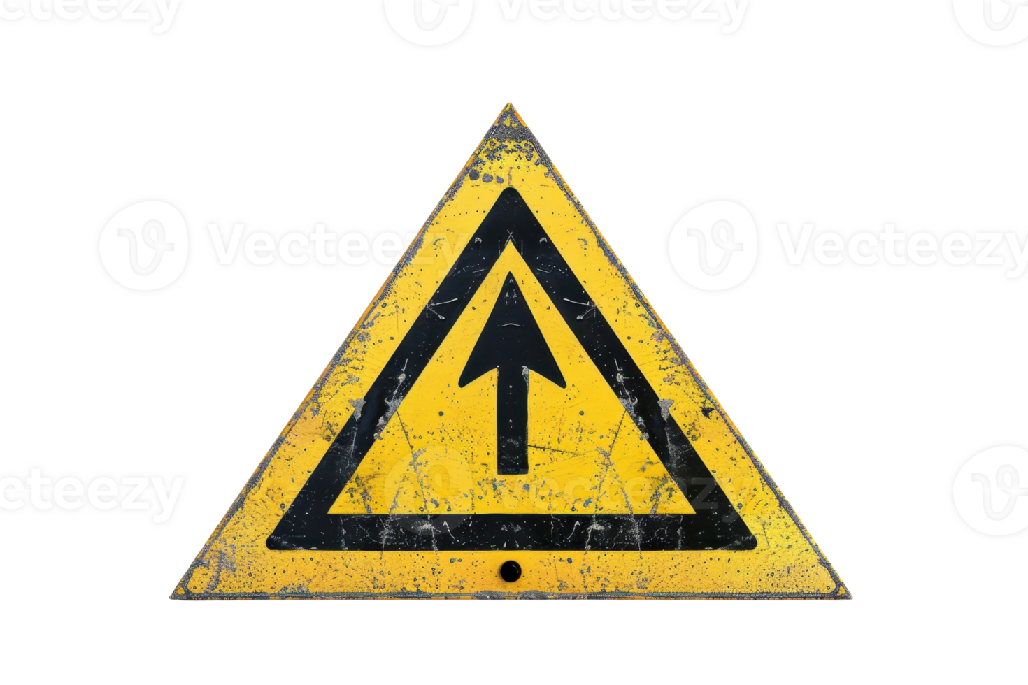 Close-up of a weathered triangular yellow roadside sign with a black upward arrow indicating direction. Isolated on transparent background. png