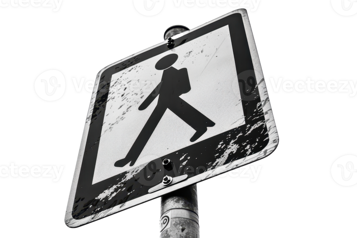 Close-up of a worn pedestrian crossing sign with a cloudy background, depicting urban decay and street safety concerns. png